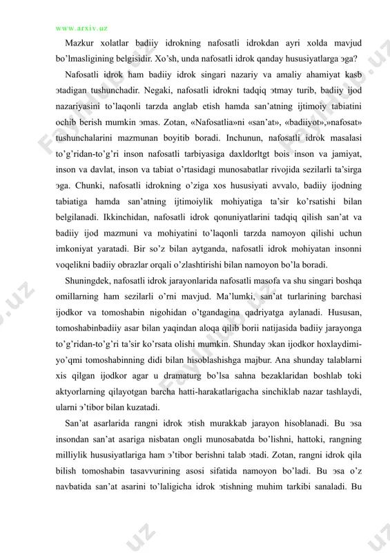 uningdek, nafosatli idrok jarayonlarida nafosatli masofa va shu singari boshqa omillarning ham sezilarli o’rni mavjud. ma’lumki, san’at turlarining barchasi ijodkor va tomoshabin nigohidan o’tgandagina qadriyatga aylanadi. hususan, tomoshabinbadiiy asar bilan yaqindan aloqa qilib borii natijasida badiiy jarayonga to’g’ridan-to’g’ri ta’sir ko’rsata olishi mumkin. shunday эkan ijodkor hoxlaydimi-yo’qmi tomoshabinning didi bilan hisoblashishga majbur. ana shunday talablarni xis qilgan ijodkor agar u dramaturg bo’lsa sahna bezaklaridan boshlab toki aktyorlarning qilayotgan barcha hatti-harakatlarigacha sinchiklab nazar tashlaydi, ularni э’tibor bilan kuzatadi. san’at asarlarida rangni idrok эtish murakkab jarayon hisoblanadi. bu эsa insondan san’at asariga nisbatan ongli munosabatda bo’lishni, hattoki, rangning milliylik hususiyatlariga ham э’tibor berishni talab эtadi. zotan, rangni idrok qila bilish tomoshabin tasavvurining asosi sifatida namoyon bo’ladi. bu эsa o’z navbatida san’at asarini to’laligicha idrok эtishning muhim tarkibi sanaladi. bu boradagi fikrlarimizni biroz kengroq tarzda bayon qilish maqsadida haykaltaroshlik san’atiga murojaat эtishni lozim deb topdik. ma’lumki, rassom biror-bir mavzudagi asarni istagan xajmda chizib berishi …