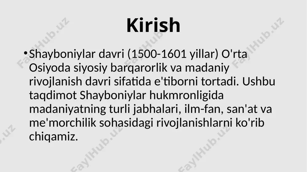 nishi iqtisodiy rivojlanishga olib keldi va bu madaniy hayotning rivojlanishiga katta ta'sir ko'rsatdi. karvonsaroylar, bozorlarda iqtisodiy hayot qizigan sari san'at va madaniyatga e'tibor ortdi. shayboniylar davridagi madaniy meros shayboniylar davri o'rta osiyo madaniyatining oltin davrlaridan biri sifatida qaraladi. bu davrda yaratilgan ilmiy, adabiy va me'morchilik asarlari hozirgi kungacha o'z qadr-qimmatini yo'qotmagan. bu davr merosi o'rta osiyo tarixida alohida o'ringa ega. shayboniyxon egallagan hududlar. xulosa shayboniylar davrida madaniy hayot turli sohalarda katta rivoj topgan. siyosiy barqarorlik ilm-fan va san'atning rivojiga zamin yaratdi. ushbu davr madaniyati hozirgi kunda ham katta qadriyatga ega bo'lib, o'rta osiyoning boy madaniy merosining bir qismi sifatida saqlanib kelmoqda. e’tiboringiz uchun rahmat! image1.jpg image2.png image3.png image4.jpg image5.png image6.png image7.jpg image8.png image9.jpg image10.jpeg media1.mp4 image11.png /docprops/thumbnail.jpeg