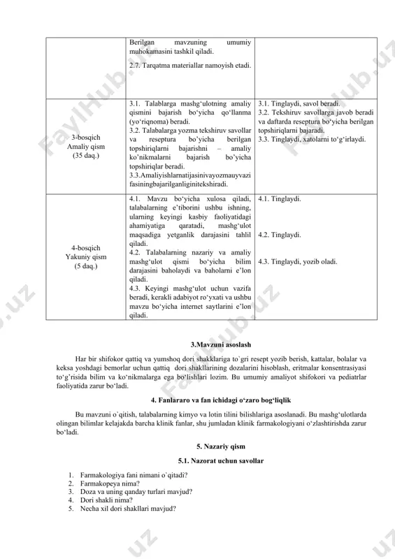 kamasini va o‘zaro baholashini tashkil qiladi. 2.5. “miya hujumi” o‘yinini tashkil qiladi va o‘tkazadi. bu asosda talaba bilimini faollashtiradi. xulosa qiladi. 2.6. qattiq dori shakllarini ishlatish qoidalari va maqsadini tushuntiradi. berilgan mavzuning umumiy muhokamasini tashkil qiladi. 2.7. tarqatma materiallar namoyish etadi. 2.1. savollarga javob beradi. 2.2. tinglaydi. 2.3. kichik guruhlarga bo‘linadi, masalalar echadi va guruhda turli xil ko‘rinishli reseptlarni yozadi. 2.4. guruhlar o‘z masala yechimlari namoyishi va resept yozilishi bilan chiqadi. qolgan qatnashchilar guruhlarning chiqishlarini baholashadi, savollar berishadi, o’z fikrlarini bildirishadi. 2.5. tinglaydi, aniqlashtiradi, topshiriqlarni bajaradi, javoblarni muhokama qiladi. 2.6. tinglaydi, reseptni yozilishini aniqlashtiradi, masalalarni yakka tartibda yechadi. ish bajarilishini jamoa bo‘lib muhokama qiladi. 2.7. tarqatma materiallarni o‘rganadi. 3-bosqich amaliy qism (35 daq.) 3.1. talablarga mashg‘ulotning amaliy qismini bajarish bo‘yicha qo‘llanma (yo‘riqnoma) beradi. 3.2. talabalarga yozma tekshiruv savollar va reseptura bo’yicha berilgan topshiriqlarni bajarishni – amaliy ko’nikmalarni bajarish bo’yicha topshiriqlar beradi. 3.3.amaliyishlarnatijasinivayozmauyvazifasiningbajarilganliginitekshiradi. 3.1. tinglaydi, savol beradi. 3.2. tekshiruv savollarga javob …