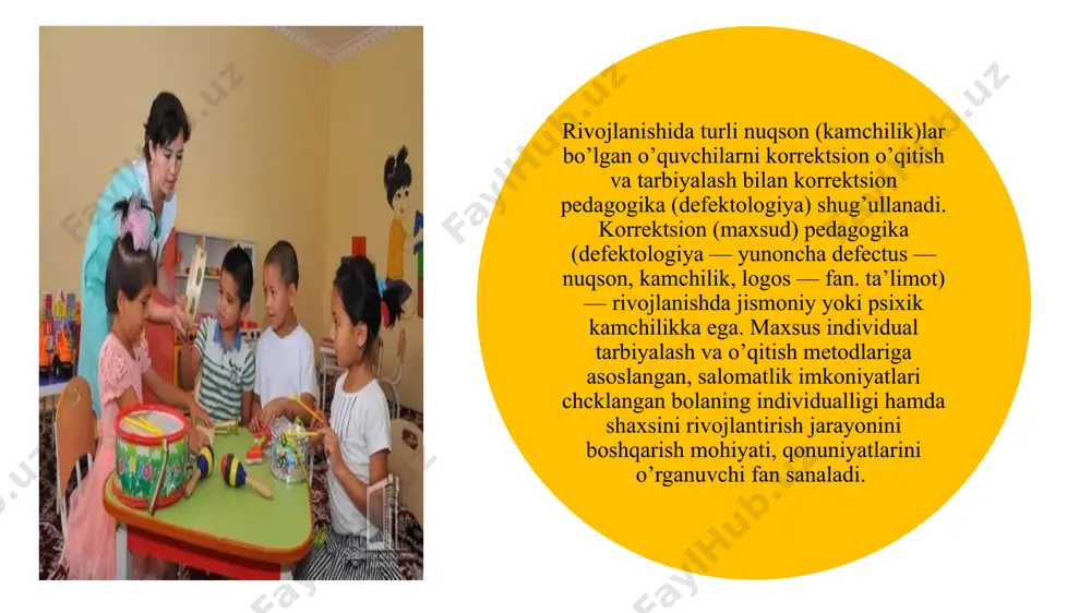 bolalarning muammolarini hal etish; - anomal bolalarni aniqlash va hisobga olish; - rivojlanish anomaliyasini erta diagnostika qilish metodlarini ilmiy jihatdan ishlab chiqish; - bolalarda rivojlanish nuqsonlarini tuzatish, yo’qotish yoki kamaytirish bo’yicha chora-tadbirlarni ishlab chiqish; - anomal bolalikning oldini olish bo’yicha profilaktik chora- tadbirlar tizimini ishlab chiqish; - anomal bolani rivojlantirish va uni ijtimoiylashtirish jarayonining samaradorligini oshirish. pedagogik lug’atda «korrektsiya» tushunchasi (yunoncha «korrectio» tuzatish) pedagogik uslub va tadbirlardan iborat maxsus tizimi yordamida anomal bolalarning psixik va jismoniy rivojlanish kamchiliklarini tuzatish (qisman yoki to’liq) sifatida tushunilishi ta’kidlab o’tiladi. ana shu lug’atda «korrektsion pedagogika»ning jismoniy yoki psixik kamchilikka ega, maxsus, individual tarbiyalash va o’qitish metodlariga muhtoj bo’lgan, sog’lig’i imkoniyatlari cheklangan bolaning individualligi va shaxsini rivojlantirish jarayonini boshqarish mohiyati, qonuniyatlarini o’rganuvchi fan ekanligi qayd etiladi. korrektsion pedagogikaning asosiy maqsadi - belgilangan (normal) va (mavjud kamchilik) faoliyat o’rtasidagi nomuvofiqlikni yo’qotish yoki kamaytirishdan iborat. korreksion-pedagogik faoliyat yaxlit ta’lim jarayonini qamrab oluvchi hamda murakkab psixofiziologik va ijtimoiy-pedagogik …