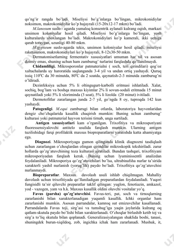 ararlangan epidermis va jun tolalari qirindisi sog’lom to’qima bilan chegara joyidan olinadi. laboratoriyada mikroskopiya usulida tekshiriladi, natijasi gumonli bo’lsa patmaterialdan oziqa muhitga ekib, toza kultura ajratiladi, lyuminissentli analiz va biosinov qo’yiladi. qirindi 10% li ishqor (kon yoki naoh) bilan 15-30 minut ishlov beriladi. ezilgan tomchi usulida preparat tayyorlanib mikroskopda ko’riladi. zararlangan soch ichida va tashqarisida qator bo’lib, tartibli joylashgan endosporolar ko’rinadi. patmaterialdan toza kultura ajratish uchun saburo, suslo-agar, chapeka oziqa muhitlaridan birortasidan foydalaniladi. ishqor bilan ishlangan materialni ekishdan avval sentrifugalash usulida fiziologik eritma bilan yuvilishi kerak, material iflos bo’lgani uchun unga 100-200 tb/ml penisillin va streptomisin qo’shiladi. biosinov-dengiz cho’chqasi yoki quyonning terisi tirnalib unga patmaterial surtiladi. biopreparatlar. a. x. sarkisov, s. v. petrovich, l. i. nikifirov, l. m. yablochnik, 1974 kabi avtorlar kollektivi qoramol trixofitiyasini davolash va oldini olish maqsadida ltf-130 vaksinasini, otlar trixofitiyasini davolash va oldini olish uchun s-p tajriba vaksinasini yaratishdi. ltf-130 vaksinasi davolash uchun mo’shaklar orasiga ikki …