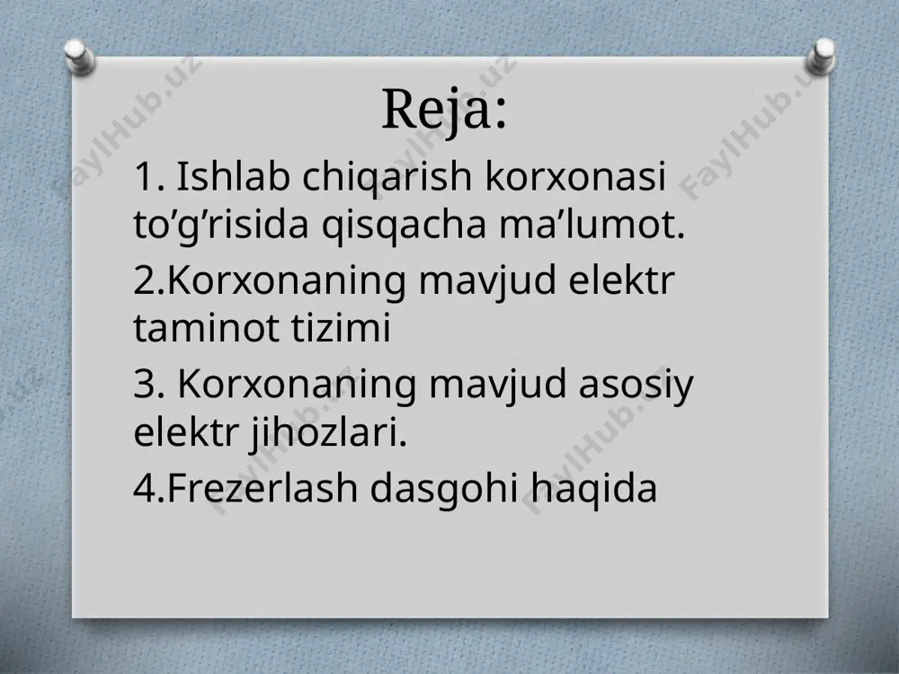 udligi, surish harakatini boshqarish bir dastak orqali amalga oshiriladi frezalash stanoklarini ikki asosiy guruhga ajratish mumkin: universal va ixtisoslashtirilgan stanoklar.universal stanoklarning asosiy parametri sifatida zagotovka o'rnatiladigan stol ish yuzasining o'lchamlari (b*l) ko'rsatiladi.frezalash stanoklarida bajarilishi mumkin bo'lgan ishlarning keng doirasi ulardan avtomobillar va yo'l qurilishi mashinalarini ta'mirlash korxonalarida keng foydalanish imkonini beradi. xulosa men bu amaliyot jarayoni davomida spektr xususiy korxonasidagi barcha presslash stanoklari, korxonadagi elektr taminoti va korxonada ishlab chiqariladigan avtomobillar uchun detallarni barchasi bilan tanishsib chiqdim. ushbu korxonada men o`z diplom mavzumga oid bir qancha malumotlarga ega bo`ldim. ushbu korxonada ko`plab asinxron motorlar bor ekan. lekin ushbu motorlarni himoya tizimi ancha eski tizimdaligini ko`rdim.ayrim pres uskunalarining himoya tizimini yangilash lozim. ushbu preslarda eski turdagi puskatel va eski turdagi rele va avtomatlar o`rnatilgan. bu qurilmalar o`zing ishlash vaqtini o`tagan qurilmalar hisoblanadi. 1.https://uz.wikipedia.org/wiki/gidravlik_press, 2.fitzgerald. electric machinery, 6/e book. 2002, 3.berdievu.t., pirmatovn.b. elektromexanika. texnika oliy oquv yurtlarining “elektrtexnikasi, elektr mexanikasi va elektr …