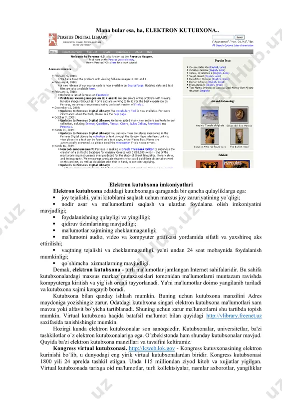kiritishimiz mumkin. shuningdek, elektron kutubxonalar sinfxona, ofis, laboratoriya, uy va boshqa o'rinlardagi faoliyatni mazmunan boyitadi. [2] yuqoridagi ta'riflardan ko'rinib turibdiki, tom ma'nodagi elektron kutubxona ko'pchilik fikrlaganidek bir necha o'nlab kitobning elektron versiyasi joylashtrilgan veb-saytdan farqli xususiyatlarga ega. bu nafaqat tashabbuskor foydalanuvchi yoki foydalanuvchilar jamoasi tomonidan wordpress, joomla yoki boshqa ommabop kontentni boshqarish sistemasi (cms)ning birlamchi versiyasiga joylashtirib chiqilgan elektron matnlar va hokazo fayllar majmui, balki ma'lum tayyorgarlikka ega bo'lgan mutaxassislar tomonidan bibliografik imkoniyatlari keng bo'lgan dasturdan foydalangan holda, resurslarni samarali izlab topilishi maqsadida to'g'ri metadata bilan ta'minlangan, doimiy faoliyat ko'rsatishi uchun muntazam ravishda boyitilib, hamda moliyaviy quvvatlanib kelinadigan butun boshli tuzilma hamdir. shu o'rinda elektron kutubxonalar bilan chalg'itish oson bo'lgan boshqa narsalarni ajratib olsak: bu elektron kutubxona emas (balki kutubxona veb-sayti): bular ham elektron kutubxona emas (balki tijorat mahsuloti bo'lgan ma'lumotlar bazasi va kutubxonaning onlayn katalogidir): mana bular esa, ha, elektron kutubxona.. elektron kutubxona imkoniyatlari elektron kutubxona odatdagi kutubxonaga qaraganda …