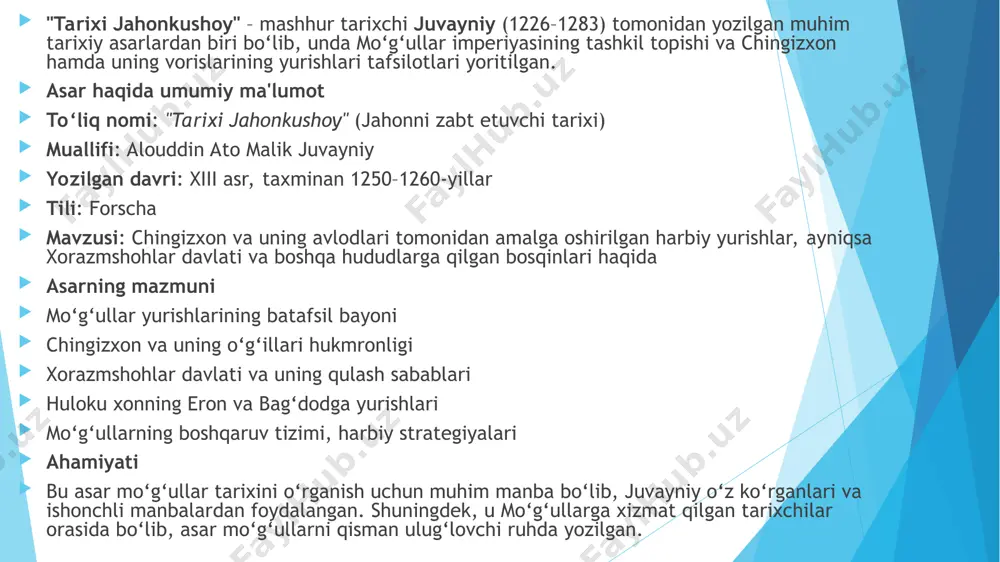 ib oldilar, natijada saljuqiylar davlati ikkiga bo`linib ketdi. birinchi poytaxt hamadon, ikkinchisi marv bo`lib qoldi. xorazmshoh takash marvni bosib oldi, hamadon poytaxti bo`lgan ko`hna sultonligi esa xii asrgacha hukm surdi. a.sagdullaev, b.aminov, o`.mavlonov, n.norqulov «o`zbekiston tarixi: davlat va jamiyat taraqqiyoti. i qism» (-toshkent, «akademiya», 2000) asarida saljuqiylar haqida hech bir ma`lumotni keltirmaydilar. shunday bo`lsada, bo`riboy ahmedovning «tarixdan saboqlar» (t., 1994) asarining 424-425 betlarida saljuqiylar davlati haqida qisqacha ma`lumotlar keltirib o`tiladi. ali husayniyning "zubdat at-tavorix" ("tarixlar mohiyati") asari – o‘rta asrlarda yozilgan muhim tarixiy manbalardan biri bo‘lib, unda turli sulolalar va hukmdorlarning faoliyati, urushlar va siyosiy voqealar yoritilgan. asarning mazmuni "zubdat at-tavorix"da quyidagi mavzular qamrab olingan: dunyo tarixi va islomiy sulolalar islomdan avvalgi tarix payg‘ambar muhammad (s.a.v.) va islom dini tarixi xalifalik davri va xalifalar faoliyati mo‘g‘ullar va chingizxon tarixi chingizxonning kelib chiqishi va yurishlari mo‘g‘ullar imperiyasining kengayishi hulokuxon va uning eron, iroq va markaziy osiyodagi yurishlari xorazmshohlar davlati xorazmshohlarning tashkil …