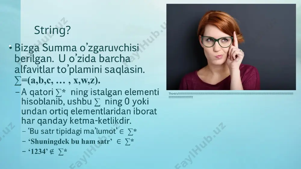ing(s, 1, i) suffiks: suffix(s,i) = substring(s, i+1, length(n)) masofa(levenshtein masofasi)ni tahrirlash ikki satr orasidagi masofani o’lchash s1 satrni s2 satrga o’zgartirish uchun zarur bo'lgan qo'shimchalar, o’chirish ishlari va almashtirishlarning eng kam sonidir. joylashtirish: misol: misol: misol: misol: masofani oʻnglash nima uchun bu foydali bo'lishi mumkin? tahrir masofasi simmetrikmi? ya’ni edit(s1,s2) = edit(s2,s1) ? edit(simple, apple) =? edit(apple,simple) nima uchun? sub ‘i’ , ‘j’ ga  sub ‘j’ , ‘i’ ga delete ‘i’  insert ‘i’ ga insert ‘i’  delete ‘i’ ga mos amal hisoblanadi tahrirlash masofasini hisoblash g’oyalar? tahrirlash masofasini hisoblash barcha mumkin bo’lgan operatsiyalardan so'ng x ni y bilan tenglashtirish kerak insert insert delete delete substitution substitution konbinatsiya natijasi: kombinatsiya natijasi running time satrli moslik uzunligi m ning namuna string p va s uzunlikdagi n qatorini hisobga olsak, p ning s da sodir bo'ladigan barcha joylarini topamiz foydalanish grep/egrep search find java.lang.string.contains() sodda usullar bilan tanishamiz to'g'rimi …