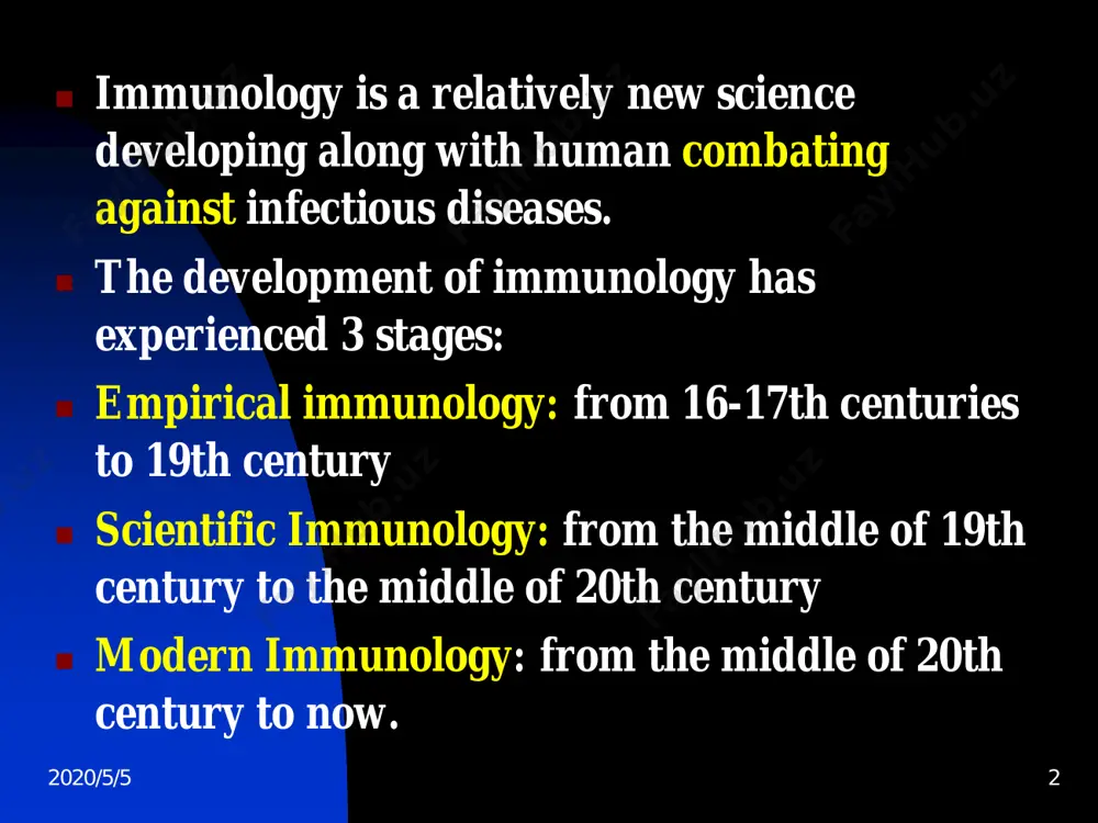 an experiments with cowpox and ◼ smallpox in 1796. jenner reasoned that introducing fluid from a cowpox pustule into people, that means inoculating them, might protect them from smallpox. ◼ he inoculated a boy named james phipps with material obtained from a cowpox lesion and later intentionally infected the child with smallpox. 2020/5/5 8edward jenner inoculating cowpox(1749-1823) as predicted, the boy did not develop smallpox. by 1798 jenner had published a booklet on the nature of cowpox and how if prevented variola. 2020/5/5 9 ◼ after an initial few years of resistance ◼ and neglect, jennerian vaccination became accepted. ◼ in this stage, immunology was noted with “empirical” because the knowledge was obtained from the experiences and lacked for systematically scientific experimental supports. 2020/5/5 10 edward jenner 1749-1823 2020/5/5 11 ◼ scientific immunology ◼ although jenner’s technique of inoculation with cowpox to protect against smallpox spread quickly throughout europe, it …