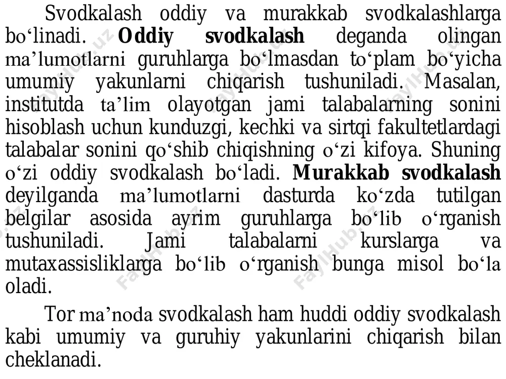 `shgan holda) 73,1 658,6 4 142,0 18 875,3 59 820,9 sanoat 51,7 462,4 3 370,9 15 114,8 46 708,7 qurilish 21,4 196,2 771,1 3 760,5 13 112,2 xizmatlar 104,8 1 210,9 5 898,5 26 595,1 90 202,9 savdo, yashash va ovqatlanish bo`yicha xizmatlar 23,1 351,6 1 400,2 5 982,7 19 137,3 tashish va saqlash, axborot va aloqa 22,1 250,6 1 676,7 7 337,7 22 745,8 boshqa xizmat tarmoqlari 59,6 608,7 2 821,6 13 274,7 48 319,8 *) dastlabki ma`lumotlar markazlashmagan svodkalashda boshlang‘ich ma’lumotlar dastlab mahalliy (tuman, viloyat) statistika tashkilotlarida qayta ishlanadi, sо‘ngra davlat statistika qo’mitasiga yuboriladi. bunday svodkalashda statistik kuzatish materiallarini tekshirish va tegishli tuzatishlarni kiritish yengillashadi, hududiy kо‘rsatkichlarni hisoblash imkoniyati tug‘iladi. ammo markazlashmagan svodkalash ma’lumotlarning tarqoqlanishiga olib keladi. shuning uchun ham statistika amaliyotida har ikkala kо‘rinishdagi svodkalash amalga oshiriladi. iqtisodiy faoliyat turlari bo‘yicha yahm ni ishlab chiqarish qtisodiy faoliyat turlari bo‘yicha yahm ni ishlab chiqarish qayta ishlash texnikasiga qarab …