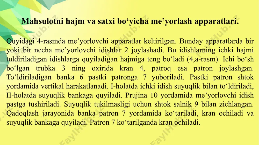 asida zichlashtirish rezinali halqa quyiladi. yopish apparatlarning tuzilishi - tunuka va shisha bankalarni yopish uchun turli xil apparatlar ishlatiladi. masalan, b4-kzk-79, b4-kzk-14 markali avtomatlar tunuka bankalarni yopish, qopqoqlarni markirovka qilish va miqdorini hisoblash uchun mo‘ljallangan. foydalaniladigan adabiyotlar: 1. azizov.a.sh. islamov s.y. suvanova f. u. abdikayumov z. saqlash omborlari va qayta ishlash korxonalarini loyihalashtirish asoslari va jihozlari. – т.: navruz, 2014. 2. dodaev q.o., mamatov i.m. oziq-ovqat mahsulotlarini konservalash korxonalarining loyihalash asoslari va texnologik hisoblari (o‘quv qo‘llanma). – t.: iqtisod-moliya, 2006. 3. шеглов н.г. технология консервирования плодов и овощей (учебно-практическое пособие). – м.: полеотин, 2002. image1.png image2.jpeg image3.jpeg image4.jpeg image5.jpeg image6.jpeg image7.jpeg image8.jpeg image9.jpeg