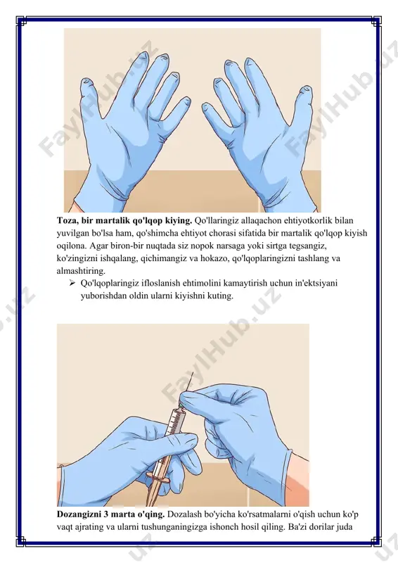 //www.wikihow.com/give-a-shot#/image:give-a-shot-step-12.jpg https://www.wikihow.com/give-a-shot#/image:give-a-shot-step-11.jpg https://www.wikihow.com/give-a-shot#/image:give-a-shot-step-12.jpg flakonni oling. ehtiyotkorlik bilan flakonni bir qo'lda, shpritsni ikkinchi qo'lda ushlang. igna hali ichkarida bo'lgan flakonni havoda teskari aylantiring. shprits tepaga qaragan flakon ostida bo'lishi kerak, uning ignasi yuqoriga qaratiladi. suyuq dori ignani qoplaganligiga ishonch hosil qiling, shunda siz havo pufakchalarini tortmaysiz. https://www.wikihow.com/give-a-shot#/image:give-a-shot-step-13.jpg https://www.wikihow.com/give-a-shot#/image:give-a-shot-step-13.jpg https://www.wikihow.com/give-a-shot#/image:give-a-shot-step-13.jpg dozangizni torting. shpritsni belgilangan doza bilan to'ldirish uchun dastakni o'zingizga torting. shpritsdagi dori miqdori to'liq to'g'ri ekanligiga ishonch hosil qilish uchun dastakni sekin bosib yoki tortib, kerak bo'lganda daqiqali sozlashlarni amalga oshiring.  ishingiz tugagach, ignani flakondan chiqarib oling. flakonni kelajakdagi dozalar uchun chetga surib qo'ying yoki uni tegishli tibbiy chiqindi idishiga tashlang. shpritsni aspiratsiya qiling. shprits ignasini yuqoriga tuting va pufakchalar yuqoriga suzib ketishi uchun shpritsning yon tomonini silkiting. shpritsdagi barcha pufakchalarni bo'shatganingizdan so'ng, barcha havo shpritsdan chiqmaguncha pistonni muloyimlik bilan bosing. igna uchidan kichik bir tomchi suyuqlik chiqqanini ko'rganingizda to'xtashingiz mumkin.  aspiratsiyadan so'ng to'liq doza uchun etarli dori borligiga …