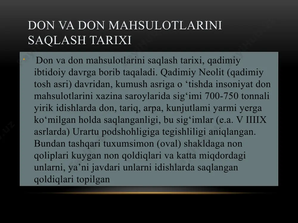 issiqlik va namlik o‘tkazuvchanlik. don va don mahsulotlarining fizik xossalari har qanday don uy umi saqlash davrida hisobga olinishi lozim bo ‘lgan muayyan fizik xossalarga ega bo‘ladi. bunday fizik xossalarga quyid agilar kiradi: sochiluvchanliк, о ‘z-o zidan saralanish, g‘оvaklik, har xil gaz va bug‘larga nisbatan sorbtsionlik, (gaz va bug‘larni o‘ziga singdirishi), issiqlik sig‘imi, issiqlik o ‘tkazuvchanlik, harorat o‘tkazuvchanlik, issiqlik va namlik o‘tkazuvchanlik. donning kul miqdorlari don nomi v kul miqdori % don nomi kul miqdori % bug’doy 1,60-2,30 javdar 1,71-2,25 suli 2,85-3,55 tariq 3,49-4,11 sholi 4,85-6,00 gorox 2,41-3,85 makkajo’xori 1,51-2,00 arpa 2,42-3,00 soya 4,44-5,65 kungaboqar 3,05-4,07 zamonaviy tegirmon va yorma zavodlari yuqori darajada mexanizatsiyalashtirilgan va avtomatlashtirilgan,ish sur’ati yuqori suratda uzluksiz bajaradigan korxona turiga kiradi. tegirmondagi texnologik jarayonlar bir yoki bir necha oqimdan boshlanib un tortish davrida o`nlab, yuzlab oqimlarga ajralib (yirikligi va sifati bo`yicha) alohida ishlov beriladi. oxirida bir yoki bir necha nazoratchi oqim orqali tayyor mahsulot chiqadi. zamonaviy tegirmon …