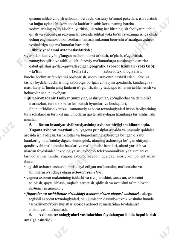 'urta, bank, soliq, audit va boshqa faoliyatni amalga oshirish uchun ishlatiladi; • bank faoliyati : axborot texnologiyalari qo'llab-quvvatlovchi va rivojlantiruvchi funktsiyalarni bajaradi - eng oddiy bank operatsiyalarini (operatsiyalarini) avtomatlashtirish, bankning o'zini va uning biznes jarayonlarini keyinchalik takomillashtirish yoki reinjiniring qilish bilan modellashtirish va boshqalar; • marketing faoliyati : crm tizimlari (mijozlar bilan munosabatlarni boshqarish - mijozlar bilan munosabatlarni boshqarish), bu sizga ularning ehtiyojlarini to'liq qondirish uchun mijozlar to'g'risidagi to'liq ma'lumotlarni to'plash, saqlash va tahlil qilish imkonini beradi, bu esa o'z navbatida mijozlarning sodiqligini oshirishga va takroriy sotuvlar sonining ko'payishiga olib keladi; • investitsiya faoliyati : korxonaning moliyaviy-xo'jalik faoliyati uchun investitsiya loyihasini hisoblash va korxona biznes-rejasining moliyaviy qismini ishlab chiqish imkonini beruvchi dasturiy ta'minot paketlari; ish yuritish va hujjat aylanishi, korxonada kadrlar hisobi: korxonaning barcha xodimlarining to'liq hisobini yuritish, ularning har birining ish faoliyatini tahlil qilish va yuborilgan rezyumelar asosida suhbat yoki bo'sh lavozimga ishga olish uchun eng munosib nomzodlarni tanlash …