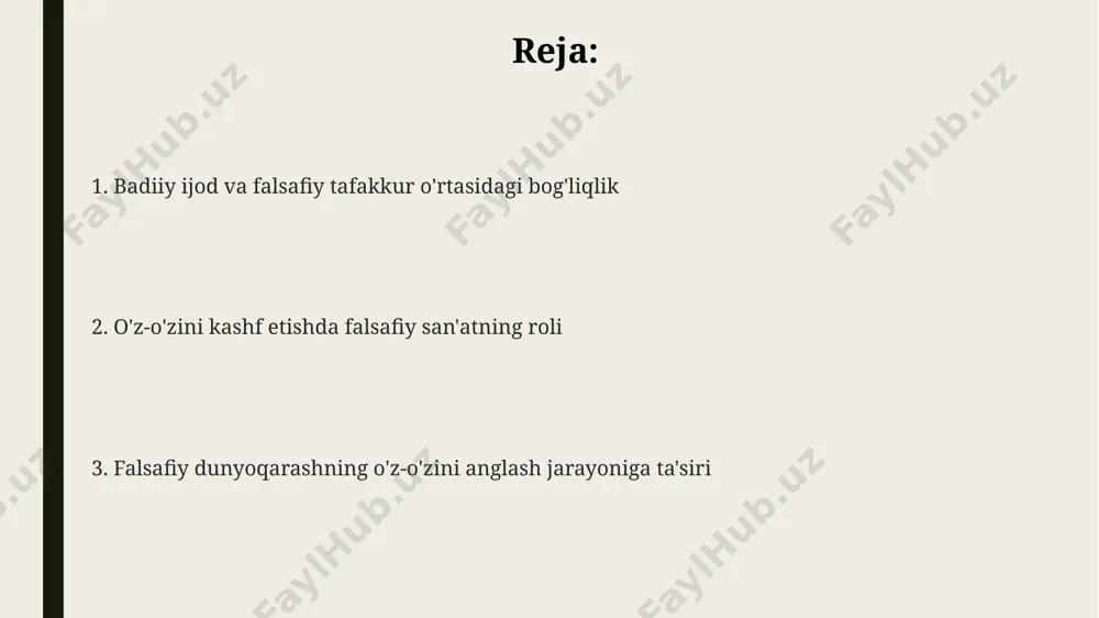 iqligi hisoblanadi. o'zbekistonning ba'zi mintaqalarida, masalan, samarqand va buxoro kabi shaharlarda, falsafiy dunyoqarashning an'anaviy shakllari 2000 yildan ortiq vaqt davomida saqlanib kelmoqda. zamonaviy falsafiy sanʼat va uning ahamiyati 1960-yillardan boshlab, minimalizm va konseptal sanʼat kabi yangi uslublar, oʻz-oʻzini anglash jarayonini abstrakt va minimal ifodalar orqali aks ettirishga harakat qildilar, dunyo boʻylab 500 dan ortiq muzeyda namoyish etildi. postmodern falsafaning taʼsiri ostida, 1980-yillardan keyin paydo boʻlgan "appropriation art" (oʻzlashtirish sanʼati) oʻzining ijtimoiy-falsafiy mazmuni orqali, individual va jamiyat oʻrtasidagi munosabatlarni 3 ta turli koʻrinishda ifodalashga harakat qildi. zamonaviy falsafiy sanʼat, 20-asrning ikkinchi yarmidan boshlab, psixoanaliz va ekzistensializm kabi 2 ta asosiy falsafiy oqimlarning taʼsirida buyuk britaniya va frantsiya kabi mamlakatlarda keng tarqaldi. falsafa va psixologiya aloqasi falsafa, 19-asr o'rta osiyosi intellektuallarining psixologik o'zgarishlarini tushunishda, ayniqsa, 3 ta asosiy maktab – sufilik, islom falsafiysi va mutakallimlar ta’siriga 20 dan ortiq risolalar orqali ta’sir ko'rsatgan. ibn sino (avicenna)ning “qonun fi’l-tibb” asari, 11-asrda yozilgan bo'lib, …