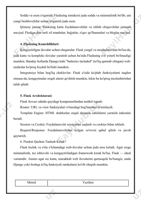 ud. flaskga doir turli xil manbalar, hujjatlar, o'quv qo'llanmalari va bloglar mavjud. 4. flaskning kamchiliklari: kengaytirilgan ilovalar uchun chegaralar: flask yengil va moslashuvchan bo'lsa-da, juda katta va kompleks ilovalar yaratish uchun ba'zida flaskning o'zi yetarli bo'lmasligi mumkin. bunday hollarda django kabi "batteries included" (to'liq qamrab olingan) web-ramkalar ko'proq foydali bo'lishi mumkin. integratsiya bilan bog'liq cheklovlar: flask o'zida ko'plab funksiyalarni taqdim etmasa-da, kengaytmalar orqali ularni qo'shish mumkin, lekin bu ko'proq moslashtirishni talab qiladi. 5. flask arxitekturasi: flask ilovasi odatda quyidagi komponentlardan tashkil topadi: router: url va view funksiyalari o'rtasidagi bog'lanishni ta'minlaydi. template engine: html shablonlar orqali dinamik sahifalarni yaratish imkonini beradi. session va cookie: foydalanuvchi sessiyasini saqlash va cookies bilan ishlash. request/response: foydalanuvchidan kelgan so'rovni qabul qilish va javob qaytarish. 6. flaskni qachon tanlash kerak? flask kichik va o'rta o'lchamdagi web-ilovalar uchun juda mos keladi. agar sizga minimalistik, tez ishlovchi va kengaytiriladigan framework kerak bo'lsa, flask — ideal variantdir. ammo agar …