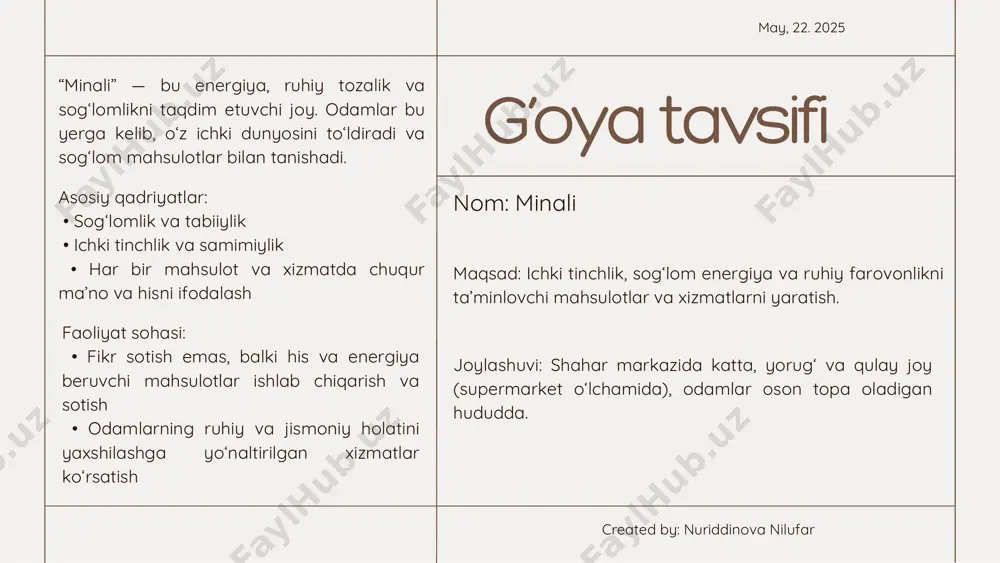 sog‘lom ovqat va ichimliklar kafesi: organik, tabiiy, vitaminlarga boy taomlar va ichimliklar. • koffe-bar: organik kofe, maxsus retseptlar asosida tayyorlangan ichimliklar. • shaxsiy sovg‘alar tayyorlash — mijozlar uchun individual his qutilar va kiyimlar yaratish. tashkiliy tuzilma va boshqaruv • tashkilot shakli: mchj (mas’uliyati cheklangan jamiyat) — biznesni huquqiy jihatdan himoya qilish va investitsiyalarni jalb qilish uchun qulay. may, 22. 2025 created by: nuriddinova nilufar • rahbarlik: bosh direktor — umumiy boshqaruv va strategiya uchun mas’ul. • bo‘limlar: • mahsulot ishlab chiqarish va sotish bo‘limi • kafe va kofe-bar boshqaruvi • marketing va mijozlar bilan ishlash • moliyaviy nazorat va hisob-kitob • xodimlar soni: boshlanishda taxminan 10-15 kishi — ishlab chiqaruvchilar, sotuvchilar, oshpazlar, baristalar va ofis xodimlari. • boshqaruv uslubi: yaxshi aloqa, samarali ish taqsimoti va mijozlarga e’tibor asosiy tamoyil. market analysis 18–40 yoshdagi shahar aholisi, sog‘lom turmush tarzini afzal ko‘ruvchilar. “minali” — ichki tinchlik, sog‘lomlik va samimiylikni ifodalovchi noyob joy. …