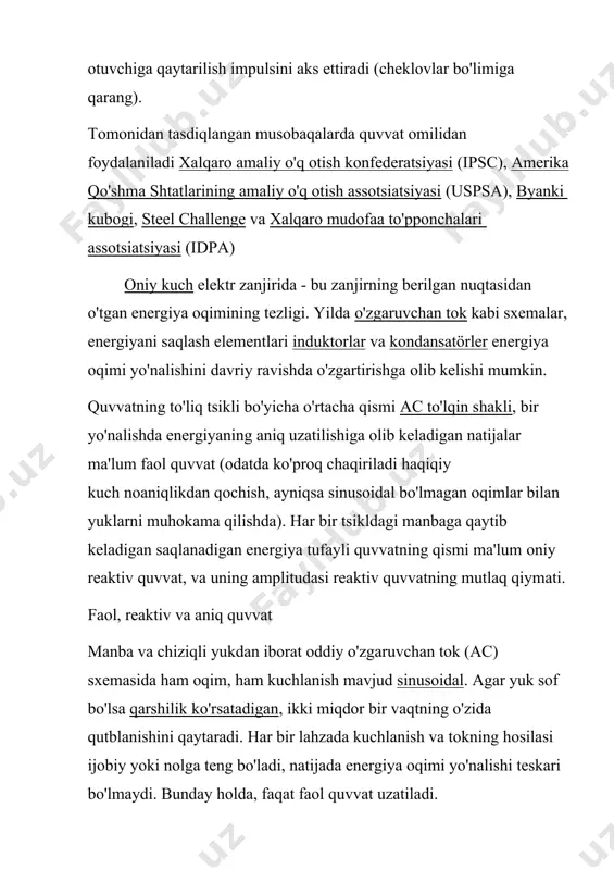 faol, ham reaktiv quvvat normal yuklarga oqadi. ko'rinib turgan quvvat rms kuchlanish va oqim qiymatlari. quvvat tizimlarini loyihalashda va ishlatishda ko'rinadigan quvvat hisobga olinadi, chunki reaktiv quvvat bilan bog'liq oqim yuk paytida ishlamasa ham, uni quvvat manbai bilan ta'minlash kerak. supero'tkazuvchilar, transformatorlar va generatorlar faqat foydali ish olib boradigan oqimni emas, balki umumiy oqimni ko'tarish uchun o'lchamlari kerak. elektr tarmoqlarida etarli reaktiv quvvatni ta'minlamaslik kuchlanish darajasining pasayishiga va ma'lum ish sharoitida tarmoqning to'liq qulashiga olib kelishi yoki yorilish. yana bir natija shundaki, ikkita yuk uchun ko'rinadigan quvvatni qo'shish, agar ular oqim va voltaj o'rtasida bir xil o'zgarishlar farqiga ega bo'lmasa, umumiy quvvatni aniq berolmaydi. quvvat omili ). an'anaviy ravishda, kondensatorlar reaktiv quvvat hosil qilgandek, induktorlar esa uni iste'mol qilganday muomala qilinadi. agar kondensator va induktor parallel ravishda joylashtirilgan bo'lsa, u holda kondansatör va induktor orqali o'tadigan oqimlar qo'shilish o'rniga bekor qilishga moyildirlar. bu elektr energiyasini uzatishda quvvat omilini boshqarishning asosiy …