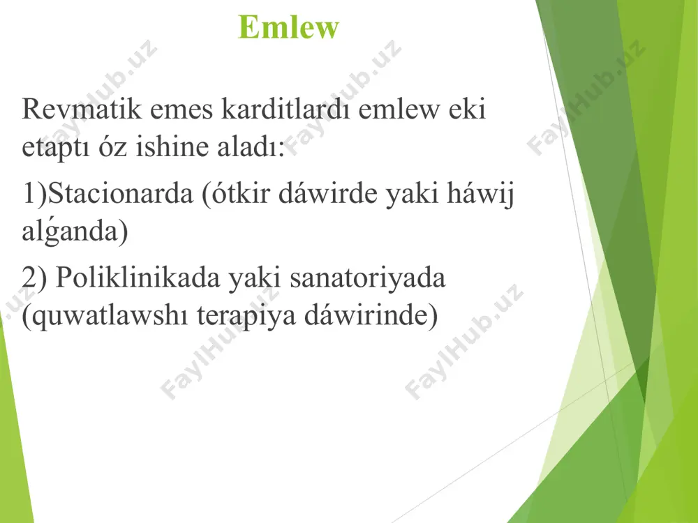 balalarda asqınıwlardıń aldın alıw ushın. etiotrop terapiya anıqlanǵan etiologiyadaǵı miokarditlarda specifik terapiyaǵa kórsetpe boladı (toksoplazmoz, mikoplazmoz, iersinioz, parazitarlı infekciyalar) steroyd emes isiniwge qarsı dáriler miokarditlardı emlewde tiykarǵı orın steroyd emes isiniwge qarsı dárilerden eń keń qollanılatuǵınları: aspirin 0,15-0,2 g (2 g nan asıp ketpewi) hár bir jasına 1 ay ishinde, keyin ala korsetilgen dozanıń 1/2-1/3 bólimi jáne 1,5-2 ay ishinde, indometacin 1-2 mg/kg dozada, voltaren (ortofen, diklofenak) 2-3 mg/kg (75 mg/kúnine) salmaǵına 1,5-2 ay ishinde. steroyd emes isiniwge qarsı dáriler dawamlı hám qaytalanıwshı miokarditlarda immunodepressantlı dáriler buyırıladı (delagil, plakvenil, xloroxin, rezoxin). emlew kursı 6-12 aydı quraydı. birinshi 2 ay ishinde olardı 10 mg/kg dozada kúnine 1 mártebe keshki awqattan keyin qollanıladı, keyin ala 5 mg/kg da hár 3 ayda 1 mártebe okulist shıpakeriniń qadaǵalawında boladı. glyukokortikoydlardı qollanıw kórsetpeler: 1) júrek jetispewshiliginiń diffuzlı processi; 2) keselliktiń ótkir ástı keshiwi menen baslanıwı, xronik processtiń aldıńǵı xabarshılarında; 3) júrektiń ótkiziwshi sistemasınıń kóbirek zárerleniwi …