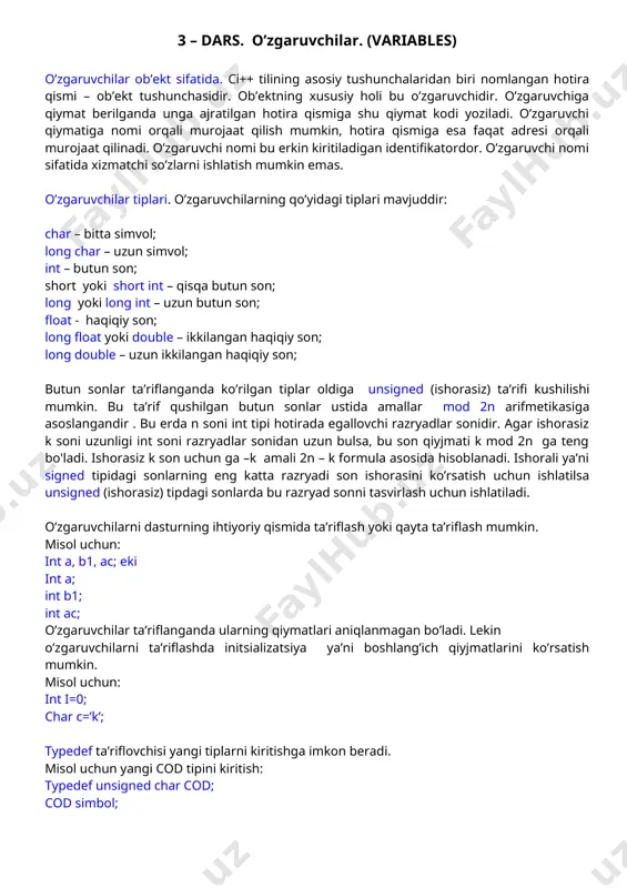 rfidan yoki ostki chizish belgisidan boshlanishi lozim. misol uchun: a1, _max, adress_01, rim, rim katta va kichik xarflar farklanadi, shuning uchun ohirgi ikki identifikator bir biridan farq qiladi. borland kompilyatorlaridan foydalanilganda nomning birinchi 32 xarfi ,ba’zi kompilyatorlarda 8 ta xarfi inobatga olinadi. bu holda number_of_test va number_of_room identifikatorlari bir biridan farq qilmaydi. xizmatchi so’zlar. tilda ishlatiluvchi ya’ni dasturchi tomonidan uzgaruvchilar nomlari sifatida ishlatish mumkin bulmagan identifikatorlar xizmatchi so’zlar deyiladi. c ++ tilida quyidagi xizmachi so’zlar mavjud: int extern else char register for float typedef do double static while struct goto switch union return case long sizeof default short break entry unsigned continue auto if 3 – dars. o’zgaruvchilar. (variables) o’zgaruvchilar ob’ekt sifatida. ci++ tilining asosiy tushunchalaridan biri nomlangan hotira qismi – ob’ekt tushunchasidir. ob’ektning xususiy holi bu o’zgaruvchidir. o’zgaruvchiga qiymat berilganda unga ajratilgan hotira qismiga shu qiymat kodi yoziladi. o’zgaruvchi qiymatiga nomi orqali murojaat qilish mumkin, hotira qismiga esa faqat …