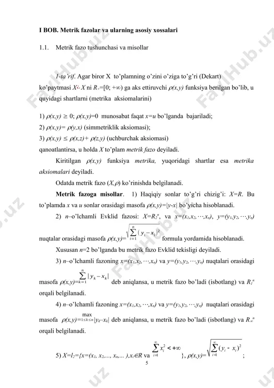 a bo’ladimi? 12. agar m to’plamda metrika bo’lsa, u holda 1(x,y)= funksiya ham m to’plamda metrika bo’lishini isbotlang. 13. aytaylik f funksiya [0;) da aniqlangan va 1) f(0)=0; 2) [0;) da o’suvchi; 3) ixtiyoriy x,y[0;) uchun f(x+y)f(x)+f(y) shartlarni qanoatlantirsin. agar - a to’plamda metrika bo’lsa, u holda 1(x,y)=f((x,y)) ham a to’plamda metrika bo’lishini isbotlang. 14. aytaylik f funksiya [0;) da aniqlangan va uzluksiz bo’lib, 1) f(0)=0; 2) [0;) da o’suvchi; 3) (0;) oraliqda ikkinchi tartibli hosilasi mavjud va (0;) da f’’(x) 0 son uchun ushbu s(x0,r)={ x x: (x ,x0) 0 bo’lsa, u holda (a,a)=0 0 bo’ladi. endi, yo(x) olamiz. metrikaning uchburchak aksiomasiga ko’ra (a,y) (a,x)+(x,y) 0 da x ga yaqin nuqtani o‘z ichiga oladi. bunda d — zich to‘plam, va u har qanday ochiq to‘plam bilan kesishadi. asosiy xossalari: 1. har qanday separabel fazoda zich sanoqli to‘plam mavjud. bunday to‘plam orqali metrik fazodagi barcha nuqtalarni istalgan aniqlikda yaqinlashtirish mumkin. …