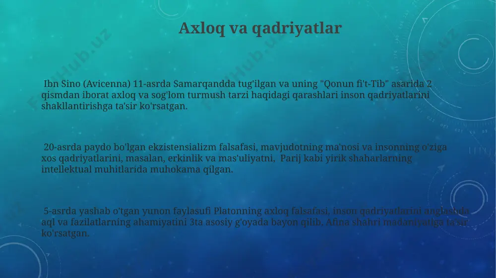 sabatlarini o'rganadi. ekzistensializm falsafasi, sartre va kamyu kabi frantsuz faylasuflarining ta'siri ostida, insonning mavjudotini, uning erkin tanlov va javobgarligini, 20-asrning o'rtalaridan boshlab dunyoning turli burchaklarida, jumladan, o'zbekistonda ham keng o'rganilgan. germaniyaning frankfurt maktabi vakillari, 1930-yillardan boshlab, insonni jamiyatdagi siyosiy va iqtisodiy omillar ta'siriga qarab tahlil qilib, insonning o'z-o'zini anglashini 5 ta asosiy omil bilan izohlashga harakat qilishgan. e'tiboringiz uchun rahmat @taqdimot_robot image3.png
