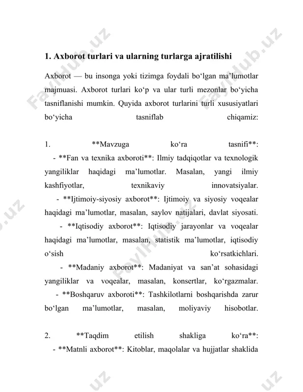 odatda, obro‘li tashkilotlar, rasmiy agentliklar va uzoq yillik tajribaga ega mualliflar tomonidan taqdim etiladi. masalan, xalqaro savdo statistikasi bo‘yicha jahon savdo tashkiloti (wto) ma’lumotlari, ilmiy tadqiqotlar bo‘yicha tan olingan jurnallarda chop etilgan maqolalar kabi. 2. **axborotning dolzarbligi va yangiligi**: har qanday ma’lumot to‘g‘ri bo‘lishi uchun, u yangilangan va dolzarb bo‘lishi kerak. ko‘pchilik sohalarda, masalan, texnologiya yoki moliya sohasida, tez o‘zgarishlar yuz beradi va eski ma’lumotlar eskirib qoladi. misol uchun, 2021-yil uchun iqtisodiy o‘sish haqidagi prognozlar 2023-yilda dolzarb bo‘lmasligi mumkin. 3. **ma’lumotlarga asoslanganlik**: axborot haqiqatdan dalolat beruvchi statistik va empirik ma’lumotlarga tayanishi kerak. misol uchun, biror mamlakatning iqtisodiy ko‘rsatkichlarini tahlil qilish uchun, rasmiy statistika ma’lumotlari (masalan, xalqaro valyuta jamg‘armasi yoki jahon banki through ma’lumotlar) ishlatiladi. 4. **solishtirish va verifikatsiya imkoniyati**: har qanday ma’lumot boshqa manbalar yordamida tasdiqlanishi mumkin bo‘lishi kerak. boshqa mustaqil va ishonchli manbalar orqali tasdiqlanmagan ma’lumotlar ishonchsiz hisoblanishi mumkin. masalan, yangiliklar tasdiqlangan bir nechta obro‘li yangilik agentliklari orqali tarqatilsa, …