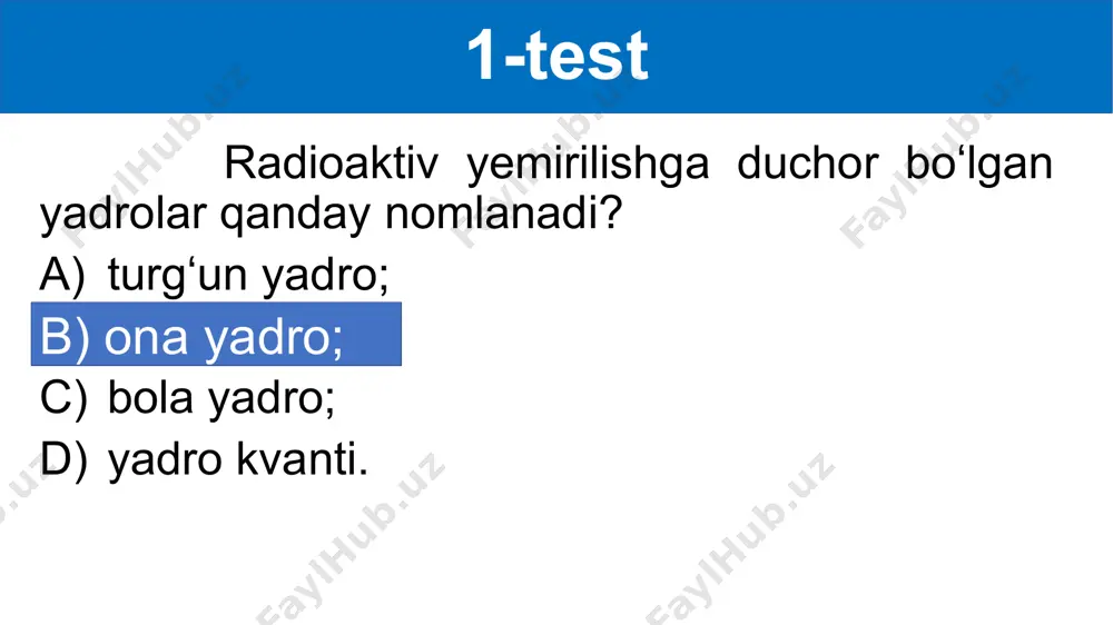 moddaning yarim yemirilish davri 50 sutka. bu izotopning oʻrtacha yashash vaqti qanday (sutka)? 2. 1 marta alfa 3 marta betta yemirilishdan keyin, element tartib raqami qanday oʻzgaradi? 3. radioaktiv moddaning yarim yemirilish davri 2 yil. necha yildan soʻng modda atomlari soni 64 martaga kamayadi? image1.png image2.jpg image3.png image30.png image4.png image5.png image6.png image7.png image8.png image9.png image10.png image11.png image12.png image13.png image14.png /docprops/thumbnail.jpeg