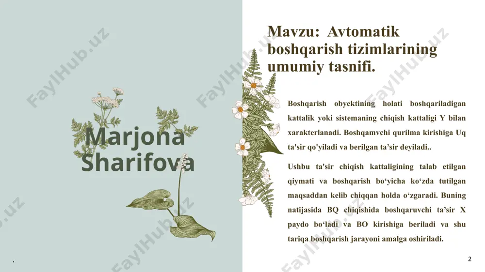 nday sistemalarda chiqish kattaligi bo‘yicha ma'lumot doimiy ravishda boshqarish qurilmasiga uzatiladi va bu teskari bog'lanish orqali amalga oshiriladi. m sh.marjona m 5 umumiy tarzda avtomatik boshqarish sistemalari quyidagi turlarga bo‘linishi mumkin: 1) ochiq sistemalar (qattiq boshqarish prinsipi); 2) toydiruvchi ta’simi kompensatsiyalash prinsipi; 3) og‘ish prinsipi (yopiq sistemalar); 4) kombinatsiyalashgan boshqarish sistemalari. ochiq sistemalar birinchi tipdagi ochiq sistemaga misol tariqasida o'zgarmas tok generatori kuchlanishini dasturli boshqarish sistemasini ko‘rsatish mumkin sh.marjona m m , m , sharifova marjona bu yerda generator boshqarish obyekti bo‘lib, u qo‘shimcha motor yordamida harakatga keltiriladi. obyektning chiqish kattaligi - generator kuchlanishi ug, kirish kattaligi qo‘zg‘atish chulg‘amiga qo'yilgan kuchlanish uq qiymatiga bog‘liq ravishda o‘zgaradi. bu holda qo‘zg‘atish chulg‘ami boshqarish qurilmasi hisoblanadi va qo‘zg‘atish chulg‘amiga qo'yilgan kuchlanish uq oldindan berilgan dasturga muvofiq o'zgartiriladi. 7 7 . , generator toki yoki yakor zanjiridagi tok i - yuklama tarzidagi toydiruvchi ta’sir (z), qo‘zg‘atish chulg‘amidagi tok iq boshqaruvchi ta’sir (x), ctbo «fan …