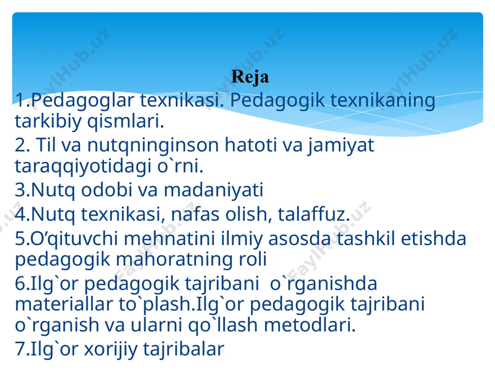 lib, ta’lim - tarbiya jarayonining texnologik tomonini yoritadi: didaktik, tashkilotchilik, kommunikativ, qobiliyatlar; talab qo’yish, jamoaviy ijodiy ishlarni tashkil etish, pedagogik muloqotni boshqarish va boshqalar. yosh o’qituvchilar pedagogik texnikasida quyidagi kamchiliklar uchraydi: o’quvchi yoki uning ota-onasi bilan sidqidildan so’zlasha olmaslik; g’azabni to’xtata olmaslik yoki uni o’z o’rnida ishlata olmaslik; o’zida ishonchsizlikni yenga olmasligi; nutqdagi nuqson, fikrini ravon bayon eta olmaslik; ortiqcha qattiq qo’llik; xushmuomala bo’lishdan qo’rqish; juda tez gapirish (ayniqsa darsda); ortiqcha harakat yoki bir joyda qotib qolish, qo’llarini qayerga qo’yishni bilmaslik; o’z gavdasini tutishdagi kamchilik (bukchayib, yerga qarab yurish, befoyda kulish, ortiqcha harakat) turli jismlarni qo’lida aylantirib yurishi. tovushdagi kamchiliklar: monoton-bir ohangni zerikarli, nutqning hayotiy emasligi, ifodali o’qish malakasini yo’qligi (diksiya). nutqdagi kamchiliklar: aniq talaffuz tarzining yo’qligi, xona uchun zarur tovush qattiqligini tanlay bilmasligi. pedagogik maqsadga yo’naltirilganlik va o’qituvchining tashqi ko’rinishi. o’z-o’zini sozlashning eng muhim usullari quyidagilardan iborat: xushmuomalalik va kelajakka ishonch bilan qarashni tarbiyalash; o’z xulqini nazorat qilish (muskullar …