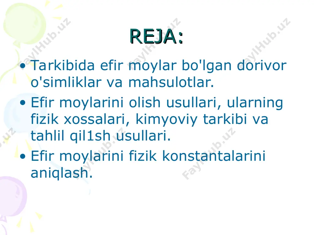 hqa organik moddalar kiradi. efir moy tarkibiga kiradigan birikmalar kimyoviy jihatdan bir-biridan keskin farq qiladi (ochiq halqali — alifatik va yopiq halqali — terpenlar hamda aromatik uglevodorodlar), lekin formulalari solishtirilsa, bir-biriga nihoyatda yaqinligi ko'rinadi. masalan, atirguldan olinadigan efir moyi tarkibidagi geraniol spirtining formulasi quyidagicha: agar shu formulani boshqacharoq yozilsa, siklik terpenlarga (limonen) va aromatik birikmalarga (simol) yaqinligi aniq ko'rinadi. efir moylarining kimyoviy konstantalarini aniqlash efir moylarining kimyoviy konstantalariga kislota, sovunlanish va efir soni kiradi. bu sonlarning qoidasi, aniqlash usullari va hisoblash formulalari yog'lar tahlili bo'limida to'liq bayon etilgan bo'lib, quyidagilar bilan ulardan farq qiladi: 1. kislota sonini aniqlashda tahlilga olingan 1,5-2 g (analitik tarozida tortilgan) efir moyi 5 ml neytral spirtda eritiladi va muntazam chayqatib turib, kaliy ishqorining spirtdagi 0,1 mol/1 eritmasi bilan titrlanadi.1 1 efir moyi tarkibida fenollar ko'p bo'lsa, ishqorning bir qismi fenolat hosil qilishga surf bo'ladi, natijada kislotalar miqdori sun'iy ravishda ko'payib ketadi. shuning uchun titrlashda fenolftalein …