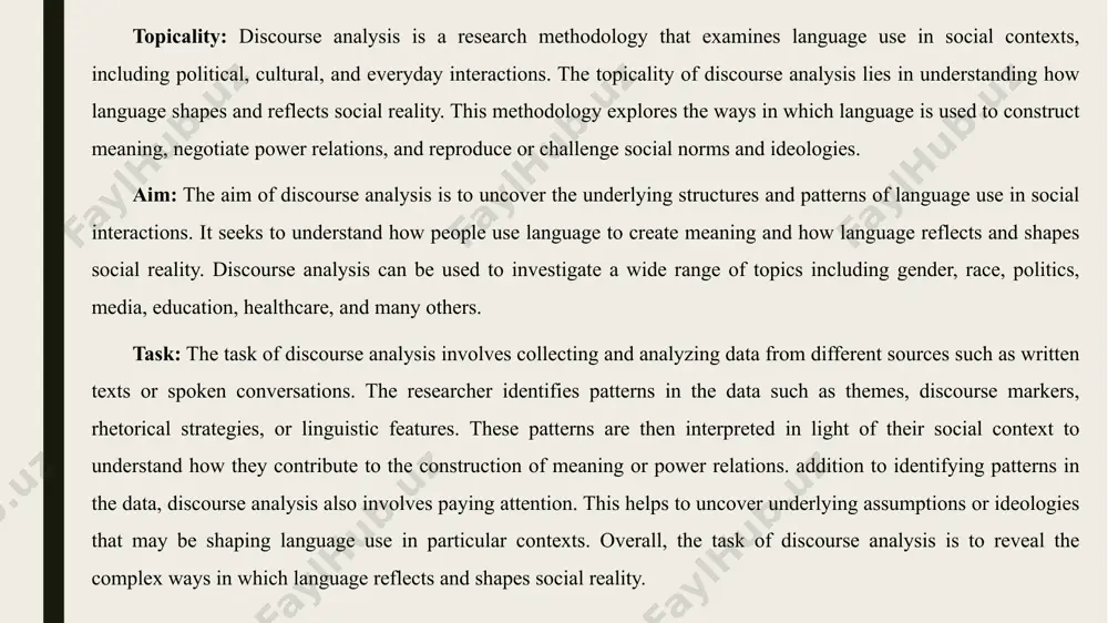 icative goals. this approach can be used to study various aspects of language use, including grammar, vocabulary, pragmatics, and discourse markers. history of discourse analysis discourse analysis history its started during the 1960s and 70s. zellig harris (1952) was the first person who coined discourse analysis. hymes, searl and grice were of those philosophers affected mainly on the discourse analysis. british discourse analysts american discourse analysts text-grammarians mostly on written language. schiffrin (1987): language always occurs in some context, including cognitive contexts in which past experience and knowledge are stored and drawn upon, cultural contexts, consistency of shared meaning and world views, and social contexts which both self and others draw upon institutional and interactional orders to construct definitions of situation and action. organising discourse analysis in english language teaching is an effective approach to enhance students' language proficiency and communication skills. discourse analysis involves the study of language use …