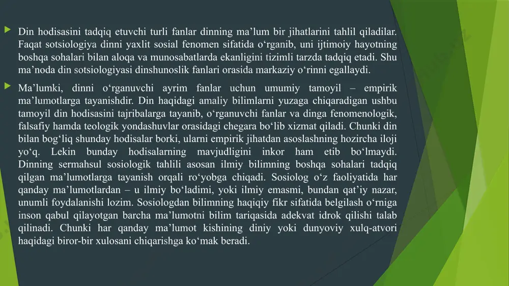 i: — genetik metod din rivojini uning barcha davrlardagi, ya’ni ilk davrdan to hozirga vaqtgacha bo‘lgan holatini tasvirlashni o‘zining asosiy maqsadi sifatida ilgari suradi; — tarixiy metod dinning shakllanish jarayoni, uni tarixiy qonuniyatlar va har xil vaziyatlar bilan bog‘liqlik jihatlari holatini tadqiq qilishda benazirdir; — qiyosiy metod ma’lum bir dinning turli davrdagi holatlarini, bir vaqtda mavjud bo‘lgan har xil dinlarning ijtimoiy hayotda tutgan o‘rinlarini o‘zaro taqqoslash orqali olimlarga o‘z ilmiy xulosalarini ilgari surishlariga ko‘maklashadi. buning natijasida dinshunoslikda yangi yo‘nalish – qiyosiy dinshunoslik shakllandi; — strukturaviy-funksional metod din, diniy tashkilot, ramz va boshqa diniy tushunchalar strukturasi va ularning funksiyalarini ochib berishga xizmat qiladi. diniy tizim elementlarini alohida ajratib olish va ularni o‘zaro taqqoslash ular faoliyatini chuqur o‘rganishga muhim omil bo‘ladi. din bunday sharoitlarda tizimosti shaklida namoyon bo‘ladi; — sosiologik metod dinni ma’lum bir sosial tizim yoki sosial tizimosti sifatida jamiyatning boshqa sosial institutlari bilan o‘zaro munosabatlar hamda aloqalarga kirishish jarayonlarini bilishning …