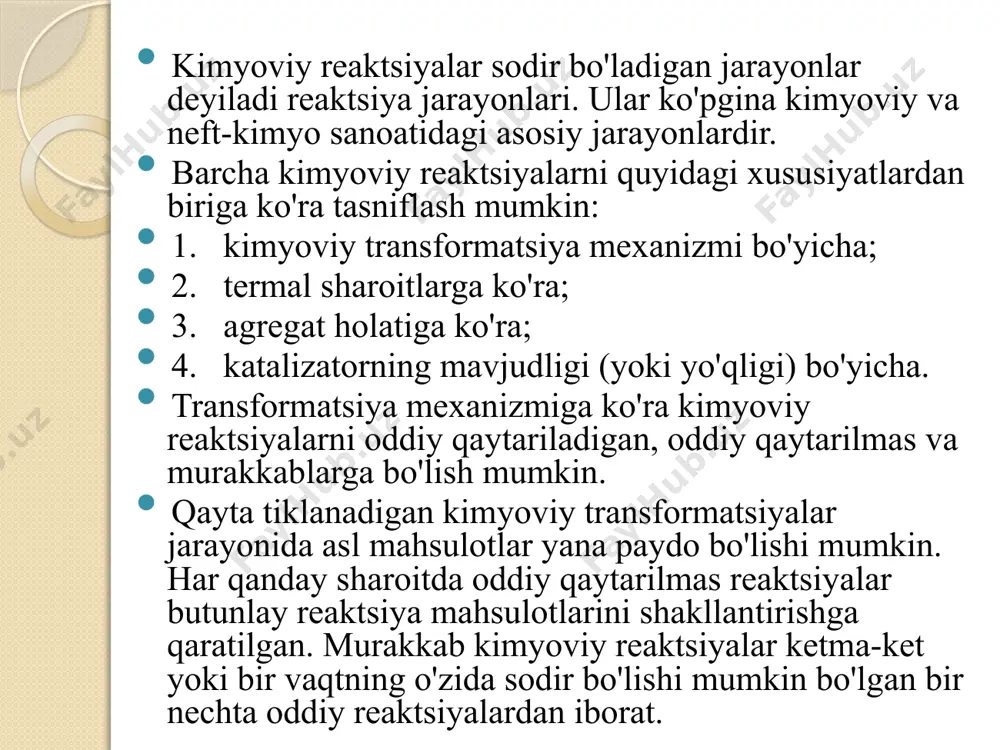 iqdoriga e reaktsiya aralashmasi. reaktorlarning tasnifi va ularning dizayniga ta'sir qiluvchi omillar kimyoviy reaktsiyalarni amalga oshiradigan qurilmalar reaktorlar deb ataladi reaktorlarning dizayni quyidagi asosiy omillarga bog'liq: 1) reaksiyaga kirishuvchi va hosil bo'lgan moddalarning agregat holati; 2) t; r reaktsiya zonasida; 3) issiqlik effekti va issiqlik uzatish intensivligi; 4) qayta ishlanadigan moddalarning kimyoviy xossalari; 5) aralashtirish intensivligi; 6) jarayonning uzluksizligi yoki davriyligi; 7) katalizatorning mavjudligi va uning holati. reaktorlarning tasnifi 1. katalitik gaz fazali jarayon reaktorlari. 2. katalitik gaz fazali jarayon reaktorlari. 3. suyuq fazali jarayon reaktorlari. 4. qattiq moddalarning kimyoviy konversiyalari uchun reaktorlar. katalizatorning holatiga qarab, katalitik gaz fazali jarayonlarning barcha reaktorlarini asosiy guruhlarga bo'lish mumkin: 1. statsionar katalizator qatlami bo'lgan reaktorlar. 2. to'p katalizatorining ixcham harakatlanuvchi qatlamiga ega reaktorlar. 3. donador yoki changga o'xshash katalizatorning suyuq qatlami bo'lgan reaktorlar. asetilenli gidrogenatsiya reaktori (ebs ishlab chiqarish) c2h2 + h2 \ u003d c2h4 t \ u003d 120°c; 5 p \ u003d …
