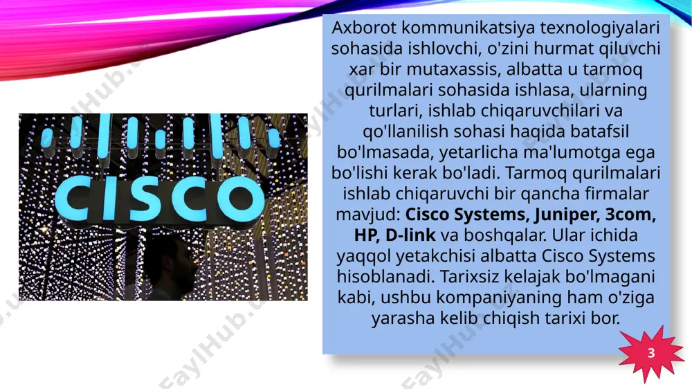 ad bir martalik soliq toʻlovi bilan bogʻliq boʻlib, bu cisco kompaniyasiga kapitalni chet eldan qaytarishga imkon berdi. 10 o‘zbekiston prezidenti shavkat mirziyoyevning aqshga tashrifi doirasida axborot texnologiyalari va kommunikatsiyalarini rivojlantirish vazirligi delegatsiyasi hukumat topshirig‘i asosida kaliforniya shtatidagi kremniy vodiysida joylashgan cisco kompaniyasining bosh qarorgohida bo‘ldi. bu haqda vazirlik saytida ma’lum qilindi. bu yerda kompaniyaning strategiya, texnologiya va innovatsiyalar bo‘yicha vitse-prezidenti dag vebster bilan uchrashuv bo‘lib o‘tdi. uchrashuv chog‘ida cisco vakillari kompaniyaning jahon miqyosida iqtisodiyotni raqamlashtirish, kiberxavfsizlik bo‘yicha yechimlari, “buyumlar interneti” (iot) tendensiyasiga asoslangan “aqlli” va xavfsiz shahar loyihalari yuzasidan nuqtai nazariga oid taqdimot, shuningdek, jamoaviy hamkorlik va muloqotni o‘rnatishga oid it-takliflari bilan chiqish qildi. 11 cisco hamda vazirlik o‘rtasida o‘zbekistonda xavfsiz va “aqlli” shaharni rivojlantirish strategiyasini ishlab chiqish yo‘nalishida hamkorlik qilish bo‘yicha muzokaralar bo‘lib o‘tdi. kelishuvlar natijasida imzolangan hujjatga ko‘ra, istiqbolda quyidagi sohalarda ikki tomonlama hamkorlikni amalga oshirish belgilab olindi: - “aqlli shahar” (smart city) hamda “buyumlar interneti” (iot) konsepsiyasini …