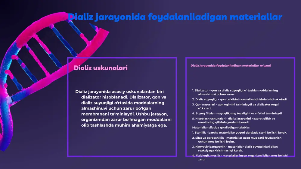 i, natijada bemorlar o‘zlarini yaxshiroq his qilishadi. qon bosimini normallashtirish dializ, qon bosimini normallashtirishga yordam beradi. bu jarayon, organizmda ortiqcha suyuqlikni olib tashlaganligi sababli, qon bosimini pasaytirishga yordam beradi. hayot sifatini oshirish dializ orqali tozalash, bemorlarning hayot sifatini oshiradi. ular faol hayot kechirish imkoniyatiga ega bo‘ladilar va kasallikning salbiy ta'sirlarini kamaytirishadi. dializ orqali tozalash kamchiliklari dializning asosiy kamchiliklari dializ jarayoni bir qator kamchiliklarga ega. birinchidan, dializ orqali tozalanadigan qon miqdori cheklangan, bu esa bemorlarni to'liq davolashga imkon bermaydi. ikkinchidan, dializ davrida bemorlar ko'plab nojo'ya ta'sirlarga duch kelishlari mumkin, masalan, qon bosimining o'zgarishi yoki infeksiya. uchinchidan, dializ uchun zarur bo'lgan vaqt va resurslar ko'plab bemorlar uchun qiyinchilik tug'diradi. misollar va hayotiy qo'llanilishi misol uchun, ba'zi bemorlar doimiy ravishda dializga muhtoj bo'lib qolishadi, bu esa ularning hayot sifatini pasaytiradi. boshqa bir misol sifatida, dializning yuqori narxi ko'plab bemorlar uchun moliyaviy qiyinchiliklar yaratadi, bu esa ularning to'liq davolanishini ta'minlay olmaydi. dializ va kolloid …