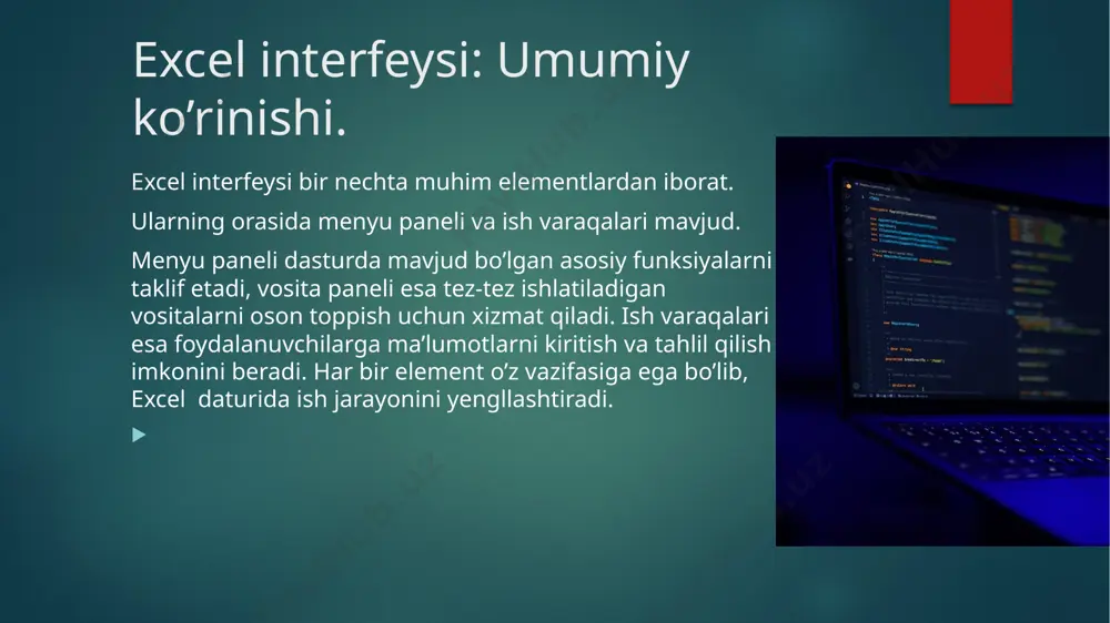 u turdagi funksiyalar excel dasturida malumotlarni yanada samarali tahlil qilish imkoniyatini beradi statistik funksiya haqida excelda hisoblash jarayonlari excel dasturi hisoblash jarayonlari matematik formulalar yordamida amalga oshiriladi. foydalanuvchilar oddiy matematik amallarni bajarish uchun formulalarni kiritishlari va natijalarni avtomatik tarzda olishlari mumkin. misol uchun, a1 va b1 hujayralaridagi qiymatlani qo’shish uchun =a1+b1formulasi ishlatiladi excel dasturida hisoblash formulalari 1. hisoblash formulalari o’zi nima? ma’lumotlarni hisoblash uchun matematik ifodalar 2. excel formulalar qanday yaratiladi? excelda formulalar yaratish uchun avvalo kerakli hujaykani tanlang. keyin = belgisini yozing va hisoblash uchun kerakli operatorlar va hujayka manziliga qo’shing. 3. formulalarning asosiy turlari: matematik formulalar mantiqiy formulalar matnli formulalar formulalarning asosiy turlari mantiqiy formulalar:agar, va, yoki funksiyalar mantiqiy formulalar masalan, agar, va, yoki funksiyalari shartli hisob-kitoblar amalga oshirish imkonini beradi. matnli formulalar:concatenate va text, funksiyalari matnli formulalar, jumladan concatenate va text, funksiyalari matnlarni birlashtirish va formatlash uchun ishlatiladi. excel dasturining ma’lumotlarni tahlil qilish imkoniyatlari excel dasturi ma’umotlarni …