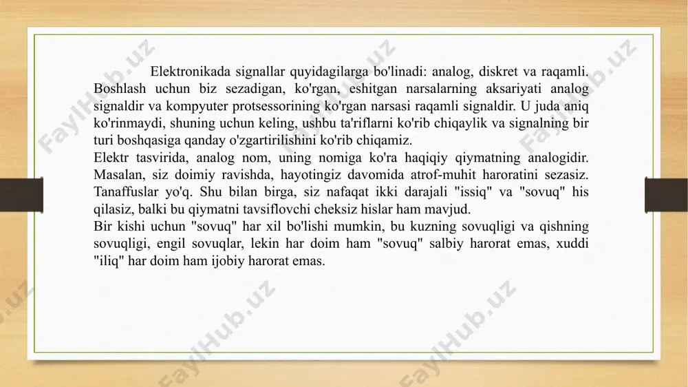 sh juda oson - analogread () buyrug'i bilan. xuddi shu darajada mashhur bo'lgan raspberry pi-ga o'rnatilgan mikroprotsessorda bu mavjud emas, shuning uchun hammasi ham oddiy emas. aslida, analog-raqamli konvertorlarning ko'p sonli variantlari mavjud, ularning har biri o'zining kamchiliklari va afzalliklariga ega. ushbu maqola ichida qaysi birini tasvirlash unchalik ma'no qilmaydi, chunki bu katta miqdordagi material. patentlangan adcning eng qadimgi varianti pol reynining "faksimile telegraf tizimi" patentidir. 1.608.527-sonli patent, 1921 yil 20-iyulda berilgan, 1926 yil 30-noyabrda berilgan. bu 5 bitli to'g'ridan-to'g'ri konversiya adc. patent nomidan ushbu moslamadan foydalanish telegraf orqali ma'lumotlarni uzatish bilan bog'liq degan fikrlar paydo bo'ldi. agar zamonaviy to'g'ridan-to'g'ri konversiya haqida gapiradigan bo'lsak, adc quyidagi sxemaga ega: bundan ko'rinib turibdiki, kirish - bu chiqish paytida ba'zi bir ostonali signal chorrahasida signal beradigan zanjir. bu biroz chuqurlik va kvantlash. kimki hatto elektr zanjirida ozgina bo'lsa ham, bu aniq haqiqatni ko'rdi. xulosa analog signalni raqamli holatga o'tkazish, analog sensordan parametrlarni o'qish …