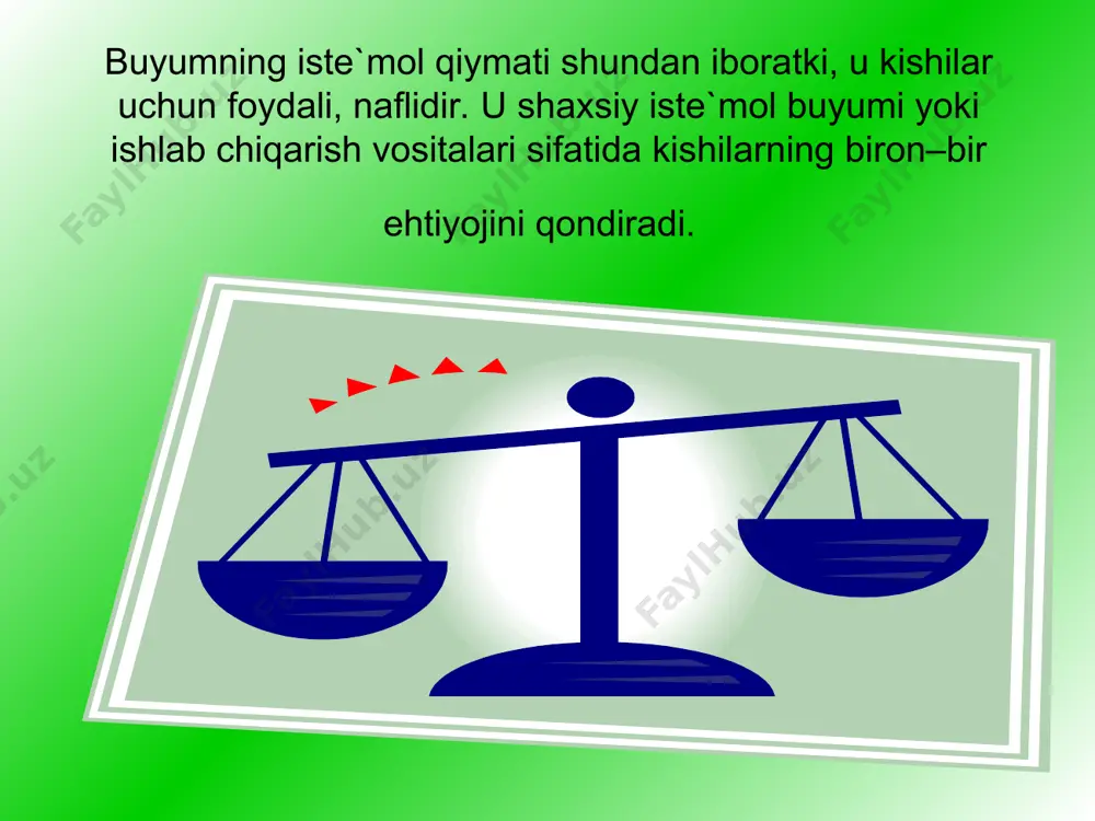 tadi. umuman olganda qiymatning oddiy yoki tasodifiy, kengaytirilgan, umumiy va pul shakllari mavjud. pul kelib chiqishining evolyutsion kontseptsiyasiga kwra ular ijtimoiy mehnat taqsimoti, ayirboshlash, tovar ishlab chiqarishning rivojlanishi natijasida vujudga kelgan. qiymat shakllari va ayirboshlash rivojlanishining tarixiy jarayonini tadqiq qilish orqali tovarlar umumiy olami ichidan pul rolini bajaruvchi alohida tovarning ajralib chiqishini tushunish mumkin. pulning paydo bo’lishi va rivojlanishida qiymat shakllarining rivojlanish bosqichlari muhim wrin tutadi. umuman olganda qiymatning oddiy yoki tasodifiy, kengaytirilgan, umumiy va pul shakllari mavjud. ayirboshlash jarayonining tarixan uzoq davom etgan davri mobaynida ekvivalent rolini wynovchi kwplab tovarlar ichidan ba`zi birlari wzining barcha tomonidan tan olinishi tufayli ajralib chiqa boshladi. chunki, ekvivalent rolini wynovchi tovarlarning barchasi ham ayirboshlash jarayonida vositachilik vazifasini bir xilda muvaffaqiyatli bajara olmas edi. natijada, barcha tovarlarning qiymatini bir xil tovar qiymati orqali taqqoslash mumkin bwlgan qiymatning umumiy shakli vujudga keldi. keyinchalik umumiy ekvivalent rolini wynovchi tovarlar ichidan maxsus tovar – pul ajralib chiqdi. …