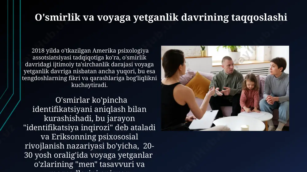 al korteks – qaror qabul qilish va impulsiv xatti-harakatlarni nazorat qilishdan mas'ul bo'lgan hudud – hali to'liq rivojlanmagan bo'ladi, bu esa 15-18 yoshdagi o'smirlarning xavf-xatarlarga moyilligini oshiradi. voyaga yetganlik davriga kirish voyaga yetganlik davriga o‘tish jarayoni, o‘rtacha 12-21 yosh oralig‘ida davom etib, gormonlar darajasining keskin o‘zgarishi bilan, shu jumladan, gipotalamus-gipofiz-gonad o‘qi faolligining oshishi bilan bog‘liq. voyaga yetganlik davrida miya sohasida, ayniqsa prefrontal korteksning rivojlanishi davom etadi. taxminan 25 yoshga kelib, bu soha to‘liq shakllanib, murakkab qarorlar qabul qilish va impulslarni boshqarish qobiliyatini yaxshilaydi. voyaga yetganlik davridagi sog'liqni saqlash oʻsmirlik davrida, taxminan 13-19 yosh oraligʻida, psixik salomatlik muammolari, masalan, depressiya va xavotir, aqsh statistikasiga koʻra, 20% ga yaqin oʻsmirlarda uchraydi. 18-25 yosh oraligʻida giyohvand moddalarni isteʼmol qilishning yuqori darajasi, jahon sogʻliqni saqlash tashkilotining maʼlumotlariga koʻra, global miqyosda ruhiy salomatlikka jiddiy taʼsir koʻrsatib, jinoyatchilik darajasini ham oshiradi. voyaga yetganlikning ijtimoiy-emotsional jihatlari voyaga yetganlikning dastlabki yillarida, 20-yoshli yigit-qizlarning 70% atrofida yaqin munosabatlar o'rnatishga …