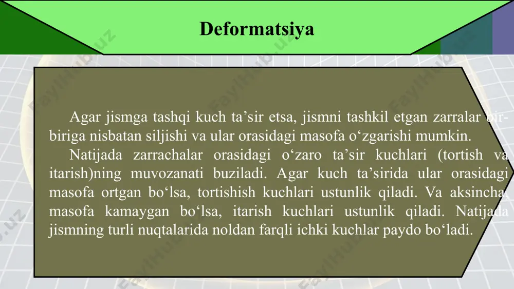 ga bola o‘tirsa, taxta pastga egilib to‘xtaydi (78-b rasm). taxtaning egilishini qanday kuch to‘xtatib qoladi? bolaning og‘irlik kuchi ta’sirida taxta egiladi, ya’ni deformatsiyalanadi. agar bolaning og‘irlik kuchini tashqi kuch ft desak, taxtaning egilishiga qarshilik qilayotgan ichki kuch elastiklik kuchi fel bo‘ladi. fel kuch ft kuchga qarama-qarshi yo‘nalganligi uchun ular miqdor jihatdan tenglashganda, taxta egilishdan to‘xtaydi. bunda nyutonning uchinchi qonuni o‘rinli bo‘ladi: deformatsiyalangan jismda vujudga kelib, tashqi kuchga qarshilik ko‘rsatadigan va unga qarama-qarshi yo‘nalgan kuch elastiklik kuchi deb ataladi. kamon iрi tarang tortilganida (79-rasm), rezina, prujina cho‘zilganida yoki siqilganida, ft kuchga qarshi fel kuch namoyon bo‘ladi. guk qonuni tayanchga mahkamlangan lo uzunlikdagi prujinaga m massali yuk osaylik. unga ta’sir etuvchi ft og‘irlik kuchi pastga yo‘nalgan bo‘ladi. prujina deformatsiyalanishi natijasida ft ga qarama-qarshi yo‘nalgan fel kuch yuzaga keladi (80-rasm). natijada prujina δl ga cho‘ziladi: δl = l – l o . bunga prujinaning absolyut uzayishi yoki absolyut deformatsiya deyiladi. fel elastiklik kuchi …