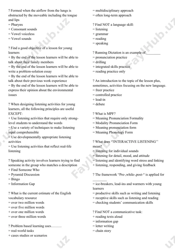 lank activities + telling stories, anecdotes and taking part in discussion = using past tenses in stories, using intonation to show doubt = information gap activities, drilling ? what is not the element of a good lesson plan? = objectives = class profile = materials + textbook ? equipment, supplies, supplementary materials etc. that teachers take to a class can be called … = teaching technology + teaching aids = authentic materials = realia ? _____activity involves learners working together in order to complete a task. for example, the task-based learning approach requires learners to work together to accomplish a task = pre-listening = individual + collaborative = top-down ? learners need to put sentences or paragraphs from a text, or pictures illustrating a text, into the correct order = find someone who = bingo + jumble activity = running dictation ? “ _____ refers to the use of linguistic …