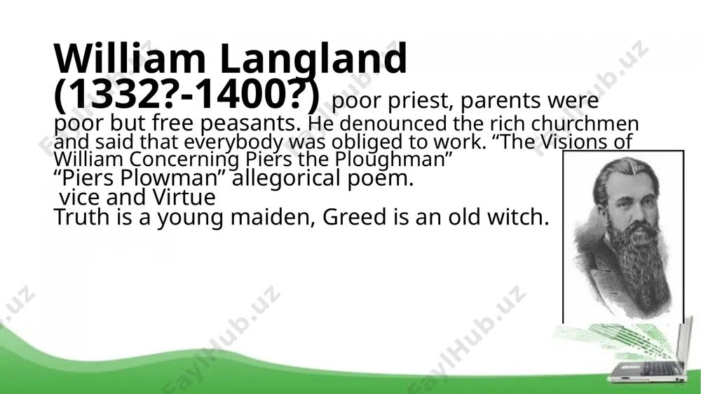 n to english literature is usually explained by the following: 1. sum up all types of stories that existed in the middle ages. 2. different types of people that lived during his time and through these people he showed a true picture of the life of the 14th century. 3. chaucer was the creator of a new literary language. he chose to write in the popular tongue that is in english language, 4. chaucer was by learning a man of the middle ages, but his attitude towards mankind was so broad-minded that his work is timeless. he is the earliest english poet who may still be read for pleasure today. literature of the 15th century chaucer’s death was a great blow to english poetry. it took two centuries to produce a poet equal to him. but folk poetry flourished in england and scotland in the 15th century. the most interesting …