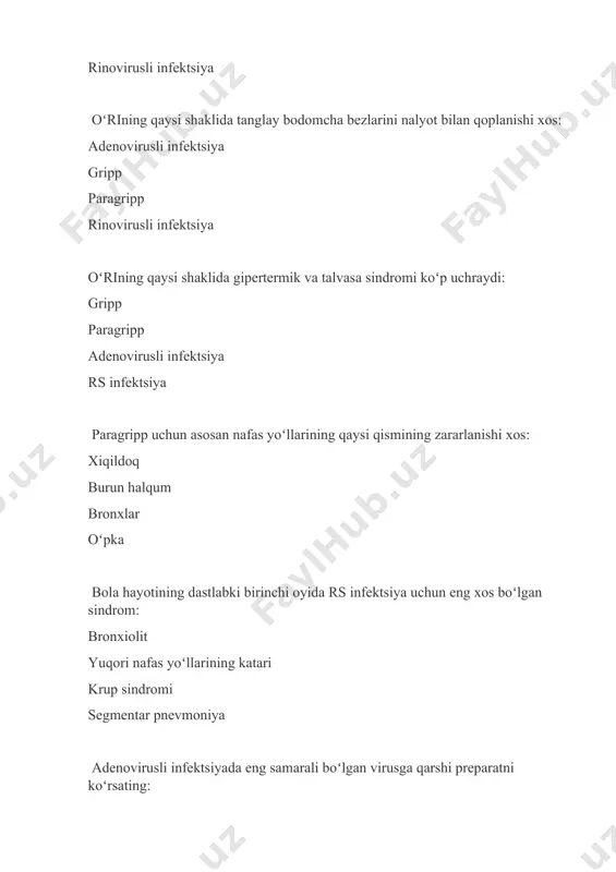 onxiolitda bemor ahvolining ogʻirligi nimaga asoslangan: nafas yetishmovchiligiga kuchli intoksikasiya belgilariga intesninal sindromga toʻgʻri javob yoʻq adenoviruslar saqlaydi: dnk rnk toʻgʻri javob yoʻq barchasi toʻgʻri adenoviruslarni tashqi muhitga chidamliligi: chidamli davriy chidamsiz 1-2 soat davomida chidamli adenovirusli infektsiya uchun yalligʻlanishni ekssudativ xarakteri: xarakterli xarakterli emas omilga bogʻliq kasallik davomiyligiga bogʻliq adenovirusli infektsiya uchun gepatosplenomegaliya: xarakterli xarakterli emas omilga bogʻliq kasallik davomiyligiga bogʻliq grippda intoksikatsion va kataral sindrom qachon namoyon boʻladi: kataral sindrom kech namoyon boʻladi bir vaqtda namoyon boʻladi intoksikatsion sindrom kech namoyon boʻladi namoyon boʻlmaydi grippni etiotrop davolash vositasi: ozeltamivir, zanamivirin amoksisillin ribavirin prednizolon paragripp virusi saqlaydi: rnk dnk ikkalasi ham ikkalasi ham boʻlmaydi paragrippni klinik belgisi: laringit bronxiolit angina pnevmoniya virusli krup koʻpincha nechi yoshli bolalarda uchraydi: 3 yoshgacha 3 – 5 yosh 4 – 8 yosh oʻsmirlik yoshida gripp virusi qaysi oilaga kiradi: ortmiksovirus pikornavirus reovirus rabdovirus faringokon'yunktival isitma kuzatiladi: adenovirusli infektsiyada grippda rinovirusli infektsiyada bakterial infektsiyada …