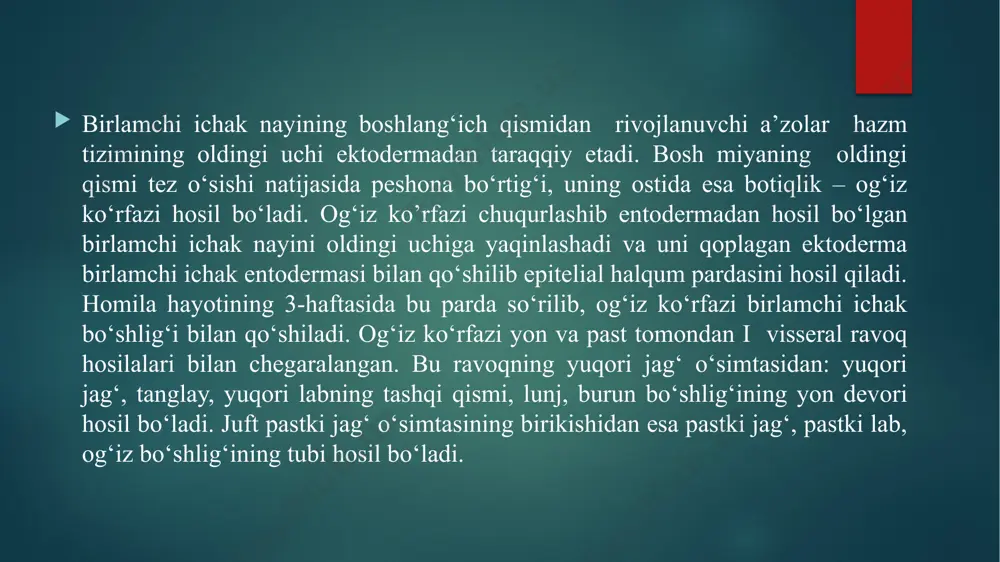 esa kekirdakning parda qismiga tegib turadi. me’da hazm kanalining eng kengaygan qismi bo‘lib, qorin bo‘shlig‘ining yuqori sohasida joylashgan. uning ko‘p qismi chap tomondagi qovurg‘a osti sohasida, oz qismi esa qorin bo‘shlig‘i tepa bo‘lagining o‘rta qismida joylashgan. me’daning shakli nokka yoki laboratoriyadagi retorta idishga o‘xshaydi. o‘rta yoshdagi odamlarda hajmi taxminan 1–3 litr (ba’zida undan ko‘proq) bo‘ladi. me’daning old va orqa devorlari , yuqorida kichik, pastda katta egriliklarni hosil qiladi. me’daning kirish va chiqish qismlari tafovut qilinadi. uning kirish – kardiya qismidagi teshik xi ko‘krak umurtqasi qarshisida bo‘lib, yurakka yaqin joylashgan. me’daning chiqish qismi i bel umurtqasining ro‘parasida, o‘ng tomonda o‘n ikki barmoq ichakka qo‘shilib ketadi. me’daning chiqish qismi ikkiga ajralgan: kengaygan qismi g‘orcha deyilsa, uning teshig, torayib davom etgan joyi kanal bo‘lagi deyiladi. yo‘g‘on ichak ingichka ichakdan keyin boshlanib, orqa chiqarish teshigi bilan tugaydi. yo‘g‘on ichakning uzunligi 1,5–2 m bo‘lsa, diametri ingichka ichak diametridan deyarli ikki baravar katta. shuning uchun ham …