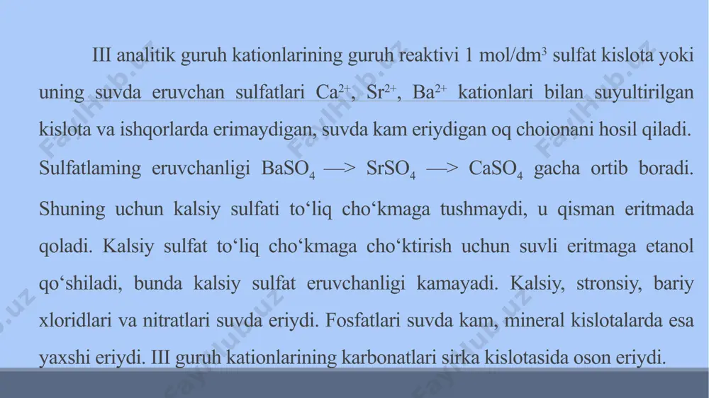 riydi, lekin baco₃ deyarli suvda erimaydi. oksalat ionlari ((nh₄) ₂c₂o₄) oksalat ionlari yordamida iii guruh kationlari bilan oksalat cho‘kmalari olinadi. reaksiyalar: ca²⁺ + c₂o₄²⁻ → cac₂o₄↓ (oq cho‘kma) sr²⁺ + c₂o₄²⁻ → src₂o₄↓ (oq cho‘kma) ba²⁺ + c₂o₄²⁻ → bac₂o₄↓ (oq cho‘kma) cho‘kmalar ko‘pincha ch₃coohda qisman eriydi. bac₂o₄ isitilganda eriydi, bu orqali ajratish mumkin. gidroksidlar (naoh yoki koh) gidroksidlar iii guruh kationlari bilan gidroksid cho‘kmalar hosil qiladi. reaksiyalar: ca²⁺ + 2oh⁻ → ca (oh)₂↓ sr²⁺ + 2oh⁻ → sr (oh)₂↓ ba²⁺ + 2oh⁻ → ba (oh)₂↓ cho‘kmalar ph ga bog‘liq holda hosil bo‘ladi. ba (oh)₂ ozroq eriydi, shuning uchun u ba'zi sharoitda cho‘kmaga tushmasligi mumkin. xromatlar (k₂cr₂o₇ + ch₃cooh) bariy ionlarini aniqlashda xromat ionlari muhim ahamiyatga ega. reaksiya: ba²⁺ + cro₄²⁻ → bacro₄↓ (sariq cho‘kma) bacro₄ cho‘kmalari sariq rangda bo‘lib, bariy ionining mavjudligini ko‘rsatadi. biz tajriba davomida stronsiy ionini aniqlash uchun laboratoriya tajribasini bajardik. o‘lchov silindriga stronsiy nitrat (sr (no₃)₂) …