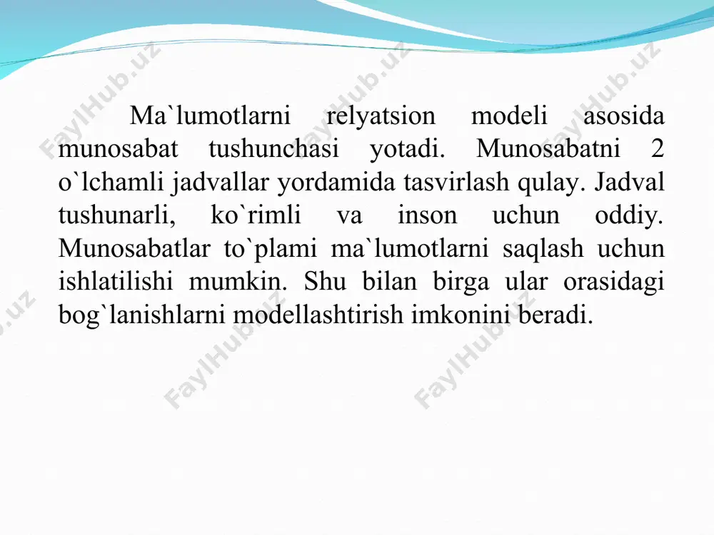 r kortej mohiyat nusxasi maydon ustun atribut atribut munosabatlar jadval ko`rinishida berilganda quyidagi xossalarga ega bo`ladi. jadvalni har bir elementi ma`lumot elementi hisoblanadi va takrorlanuvchi guruhlar bo`lmaydi. barcha ustunlar jadvalda bir jinslidir. har bir ustunda nom tayinlanadi. jadvalda bir xil satr ikki marta uchramaydi jadvallar o`rtasidagi bog`lanish turlari jadvallar o`rtasidagi bog`lanish bo`ysunish munosabatini aniqlaydi. bunda biri asosiy (master),ikkinchisi bo`sinuvchi (detal) bo`ladi. o`rnatilgan bog`lanish “asosiy-bo`ysinuvchi” yoki “master-detal” deb ataladi. boglanishlarning quyidagi turlari mavjud: “birga - bir”; “birga – ko`p”; “ko`pga - bir”; “ko`pga – ko`p”; birga - bir bog`lanish «birga - bir» bog‘lanish asosiy jadvaldagi bitta ma’lumotga bo‘ysinuvchi jadvaldan bitta ma’lumotni tug‘ri kelishini anglatadi. bunda: asosiy jadvaldagi har bir ma’lumot uchun bo‘ysinuvchi jadvalda ma’lumot mavjud; bo‘ysinuvchi jadvalda asosiy jadvaldagi ma’lumotlarga mos ma’lumot mavjud emas. «birga - bir» bog‘lanish asosan jadvallarni bo‘lishda ishlatiladi. «birga - bir» bog‘lanish oddiy bog‘lanish bo‘lib bunda birlamchi kalit boshqa bir jadvalni birlamchi kalitiga murojat qiladi. tashkilot_id tashkilot_nomi …