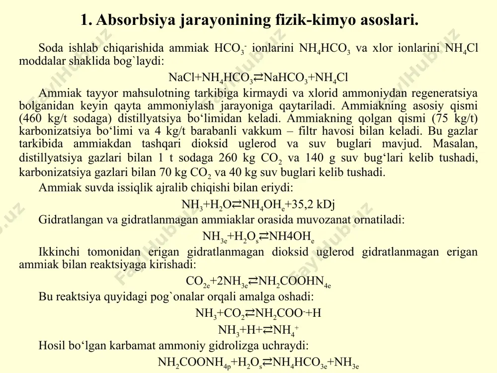 n aniqlanadi. dioksid uglerod yaxshi erimaydigan gaz, uning absorbtsiya tezligi kam bo‘lib, suyuqli plenka qarshiligi bilan aniqlanadi. co2 gaz yutilishi ammiak borligida qaytar kimyoviy reaktsiya bilan murakkablashadi. bundan tashqari, ammiak borligida co2 ning muvozanatli bosimi kamayadi. ammiak va dioksid uglerodlardan tashqari absorbtsiyaga suv buglari ham kelib tushadi. suv bugining muvozanatli bosimini a.g.belopol`skiy tenglamasi boyicha aniqlash mumkin: r0-toza suv ustidagi suv buglarining bosimi; [nacl], [nh3], [co2]-tegishli komponentlarning kontsentratsiyalari. ammoniylash natijasida suv bug‘larining kop qismi kondensatlanadi va buning hisobiga rassolning hajmi 3-4% ga oshadi. bu, o‘z navbatida, nacl kontsentratsiyasini kamayishiga olib keladi. nacl kontsentratsiyasini ko‘p kamaytirmaslik va absorberga issiqlik yuklamani kamaytirish uchun gazlar absorberga berilishdan oldin sovutgichda (xgds) sovutiladi. ammo lekin, temperatura 55°c dan kam bo‘lgan holda nh3, co2 va h2o lar reaktsiyaga kirishib, qattiq tuzlar hosil qilishlari mumkin. bu tuzlar devorlarga cho‘kib, truba va sovutgichning tiqilib qolishiga olib kelishi mumkin. ishlab chiqarish sharoitida distillyatsiya jarayonini otkazishda sovutgichdan chiqayotgan gazning bosimi 93,1 …