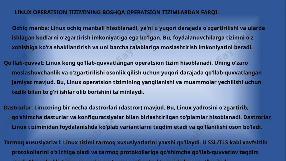 oladi va tarmoq protokollariga qo'shimcha qo'llab-quvvatlov taqdim etadi. shu sababli, linux serverlar va tarmoq infrastrukturasida keng qo'llaniladi. linux tizimi ustida ishlovchi foydalanuvchilar tomonidan xatoliklarni oldini olish va xavfsizlikni ta'minlash uchun yuqori darajada qo'llaniladi. tizimning ochiq manbali va ko’plab kuzatuvchilari borligi sababli yangi xato va xavfli ko'rinishlar tezlik bilan aniqlanadi va xatolar tezlik bilan to'g'rilanadi. xatoliklar ustida ishlash: fayl nima kompyuter dunyosida fayl, operatsion tizimda mavjud bo'lgan va har qanday individual dasturlarning o'ziga xos ma'lumot qismidir. kompyuter faylini odatiy faylga o'xshash deb o'ylash mumkin, chunki ular ofis filialida topiladi. ofis fayli kabi, kompyuter faylidagi ma'lumotlar asosan har qanday narsadan iborat bo'lishi mumkin. fayllarni nomlanishi kameradan kompyuteringizga ko'chiradigan rasm jpg yoki tif formatida bo'lishi mumkin. ular mp4 formatidagi videolar yoki mp3 audio fayllari fayllar singari fayllar. xuddi shu narsa microsoft word, txt fayllari bilan ishlatiladigan docx fayllar uchun to'g'ri matnli ma'lumotni saqlaydi fayl va odam: yangi aloqalar. bugungi kunda fayllar faqatgina ma'lumotlar …