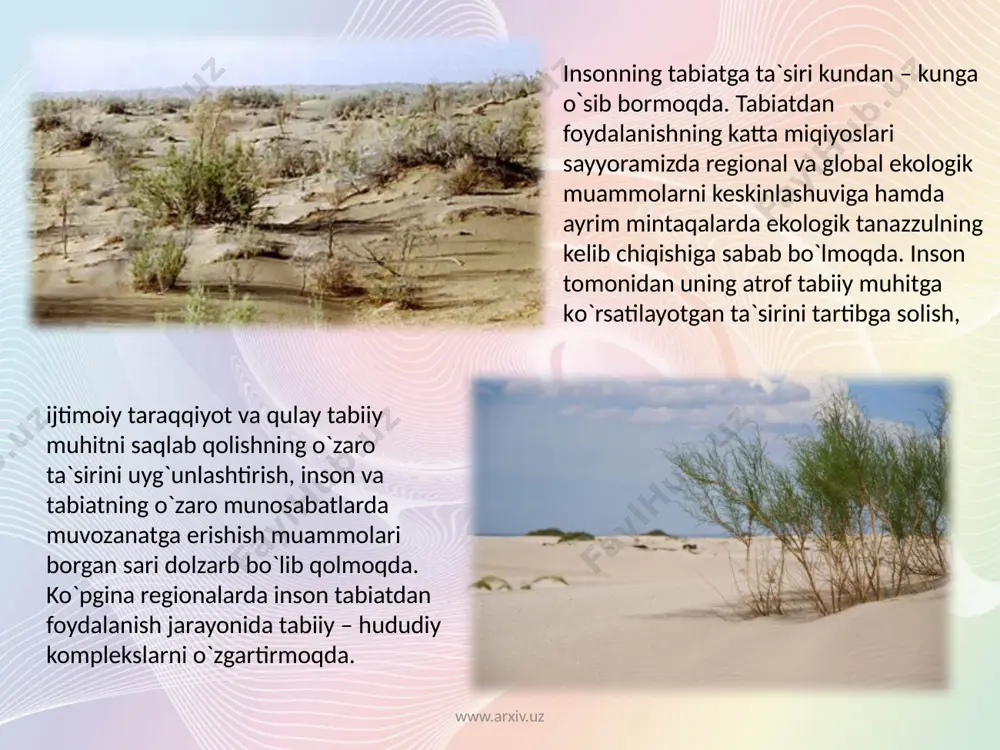 ilma-xilligi to`g`risidagi tasavvur asosida individual tasnifiy qatorda qaralishi mumkin. landshaft tuzilmasida o` navbatida landshaftning farq qiluvchi belgilari bo`lib xizmat qiladigan tuproq - o`simlik qoplami va hayvonot dunyosi unga xos tashqi ko`rinish va funksional xususiyatlar beradi va butun tabiat kompleksiga ta`rif berishda foydalaniladi. www.arxiv.uz e`tiboringiz uchun raxmat image2.jpeg image3.jpeg image4.jpeg image5.jpeg image6.jpeg image7.jpeg image1.jpeg