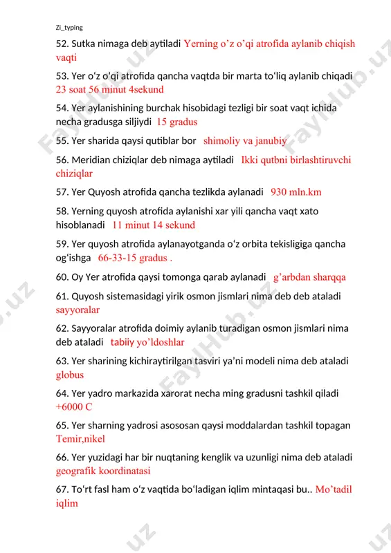 im oqimi qaysi okeanda vujudga keladi atlantika 71. sariq, yapon, sharqiy xitoy dengizlari qaysi okeanga tegishli tinch okean 72. seysmik mintaqa deb nimaga aytiladi yer po’sti juda ulkan palaxsalardan ya’ni litosfera plitalaridan iborat.bu litosfera plitalari doimo harakatda,ular bir-biri bilan o’zaro to’qnashib turadi. 2 ta litosfera plitasi to’qnashgan joylarda tez-tez vulkan va zilzilalar bo’ladi. 73. relef so‘zining lug‘aviy ma’nosi toping ( frans,relief,lot.relevo) ko’taraman 74. tekislikning yuzasi dengiz sathidan balandligi 200 m gacha bo‘lsa qanday nom bilan ataladi past tekislik 75. dengiz sathidan 200 m dan 500 m gacha bo‘lgan relef shakilga qaysi relef shakli kiradi qir 76. dengiz sathidan 500 m dan yuqori bo‘lgan relef shakilga qaysi relef shakli kiradi yassitog’lik 77. qatorosiga tizilib ketgan tutash tog‘lar nima deb ataladi tog’ tizmasi 78. zilzilaning 1 ball xolati qanday bo‘ladi yer tebranishini sezgir asboblar sezadi 79. zilzilaning 2 ball xolati qanday bo‘ladi juda kuchsiz,tinch turgan kishilar ba’zan biladi. 80. zilzilaning 3 ball …
