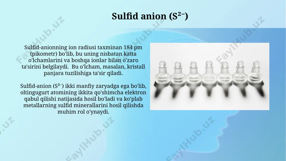 arishi turli xil qo'shimchalarning qo'shilishi bilan bog'liq. fosfid anion (p³⁻) fosfid anionlarining birikmalari, masalan, metall fosfidlari, odatda yuqori erish haroratiga va yuqori kimyoviy turg'unlikka ega. fosfid-anion (p³⁻) uchta valent elektronini yo'qotgan fosfor atomidan hosil bo'ladi va -3 valentlikka ega bo'lib, kuchli nukleofil xususiyatlarga ega. sianid anion (cn⁻) sianid-anion (cn⁻) ning bir valentli bo'lishi va kuchli asoslar bilan reaksiyaga kirishi natijasida vodorod siyanid (hcn) kabi kuchli zaharli birikmalar hosil qilish xususiyatiga ega. sianid-anion (cn⁻) kompleks birikmalar hosil qilish qobiliyatiga ega bo'lib, masalan, temir (ii) bilan [fe(cn)₆]⁴⁻ kabi sikloheksaan ionlarini hosil qiladi va bu birikmalar turli xususiyatlarga ega. nitrid anion (n³⁻) nitrid-anion (n³⁻) uchta valent elektronni qabul qilib, to'liq elektron qobiqqa ega bo'ladi va shuning uchun juda yuqori reaktivlikka ega, ko'pincha metall nitridlarini hosil qiladi. n³⁻ anionining elektr manfiyligi juda yuqori bo'lib, pauling shkalasi bo'yicha 3 ga yaqin qiymatga ega, bu uning kuchli reduksion xususiyatlarini va boshqa elementlar bilan kuchli bog'lanish hosil …