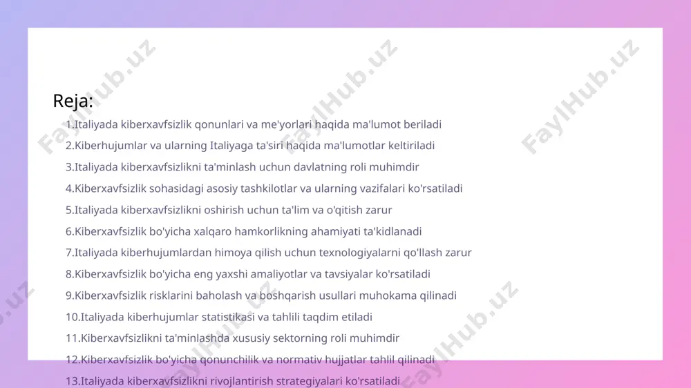 mlar va ularning italiyaga ta'siri haqida ma'lumotlar keltiriladi • kiberhujumlar turlari - kiberhujumlar turlicha shakllarda bo'lishi mumkin. ular phishing, ddos hujumlari va ma'lumotlarni o'g'irlash kabi faolliklarni o'z ichiga oladi. har bir turi o'ziga xos usullarga ega. • italiyada kiberhujumlar statistikasi - so'nggi yillarda italiya kiberhujumlarining soni oshdi. raqamli infratuzilmalarga ruxsatsiz kirish holatlari ko'payib bormoqda, bu esa iqtisodga salbiy ta'sir ko'rsatmoqda. italiyada kiberxavfsizlikni ta'minlash uchun davlatning roli muhimdir • kiberxavfsizlik siyosati - italiya hukumati kiberxavfsizlikni ta'minlash uchun aniq siyosat va strategiyalar ishlab chiqadi • resurslar ta'minoti - davlat kiberxavfsizlik sohasida yetarli resurslar bilan ta'minlash uchun moliyaviy va inson resurslarini jalb etadi • tashkiliy hamkorlik - hukumati kiber jinoyatchilikka qarshi kurashish uchun davlat tashkilotlari va xususiy sektori bilan hamkorlik qiladi • ta'lim va ongli ravishda o'sish - italiya hukumati kiberxavfsizlik bo'yicha ta'lim dasturlarini rivojlantirish orqali aholini ongli ravishda o'sishini qo'llab-quvvatlaydi kiberxavfsizlik sohasidagi asosiy tashkilotlar va ularning vazifalari ko'rsatiladi • haqiqiy vaqt xavfsizlik …